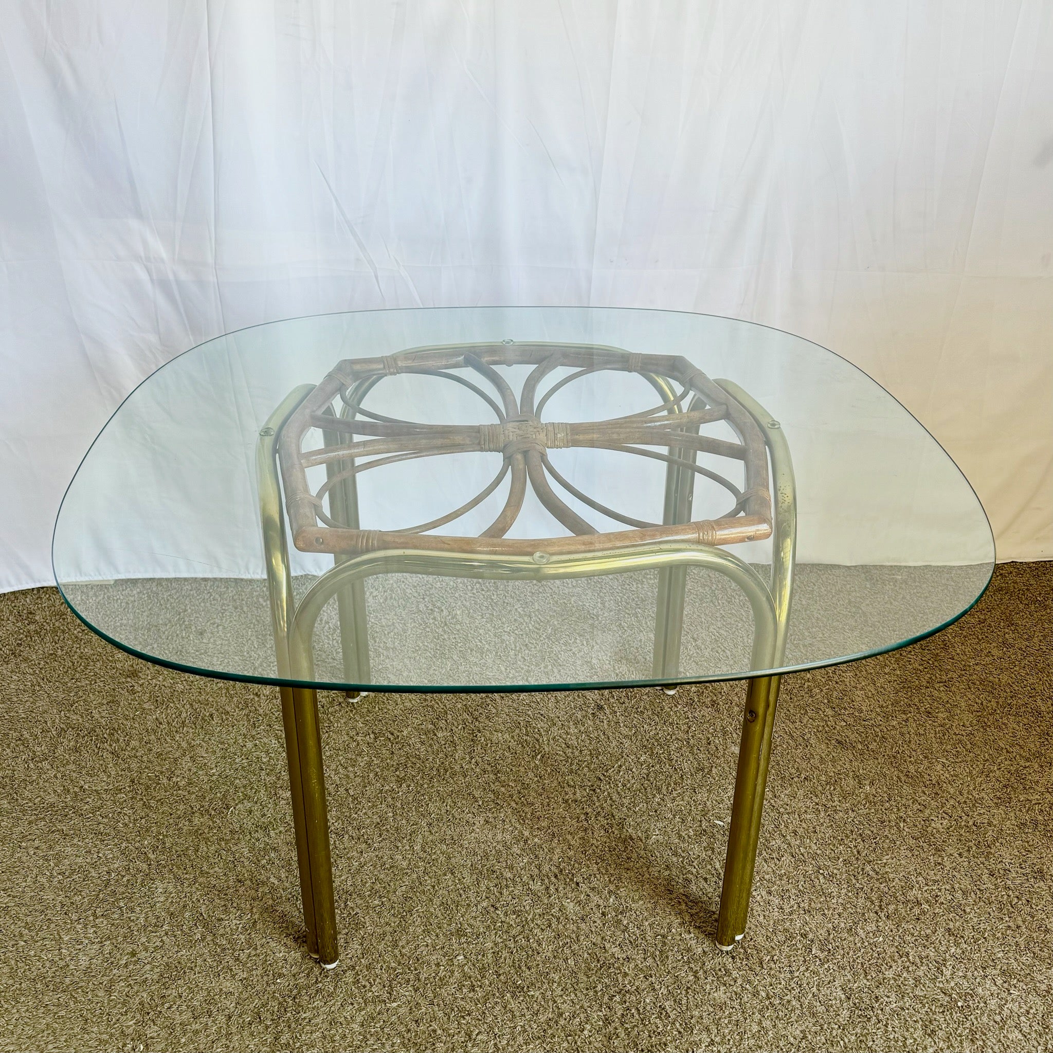Vintage Boho Gold and Rattan Glass Top Dining Table - Dolphin & Flamingo