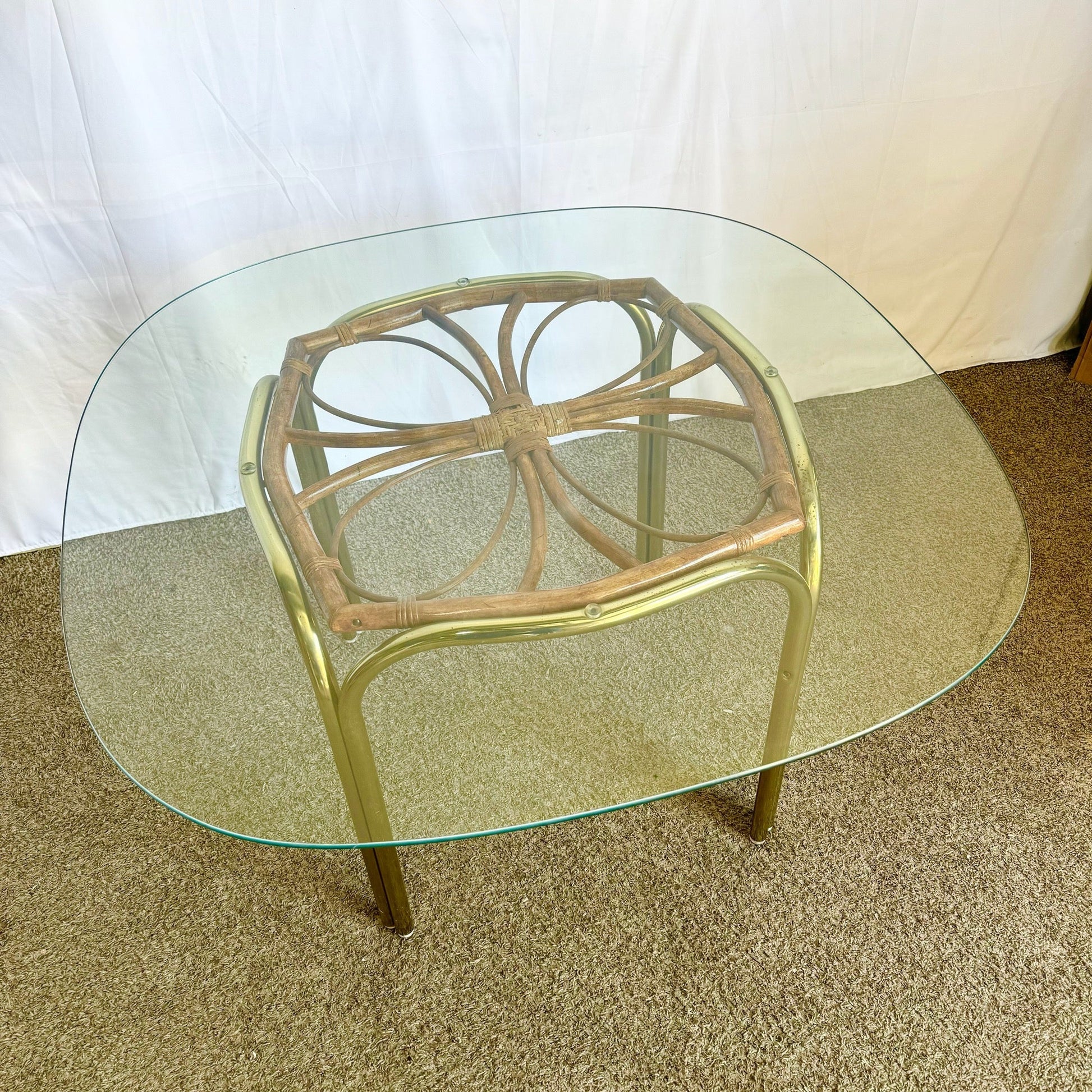 Vintage Boho Gold and Rattan Glass Top Dining Table - Dolphin & Flamingo