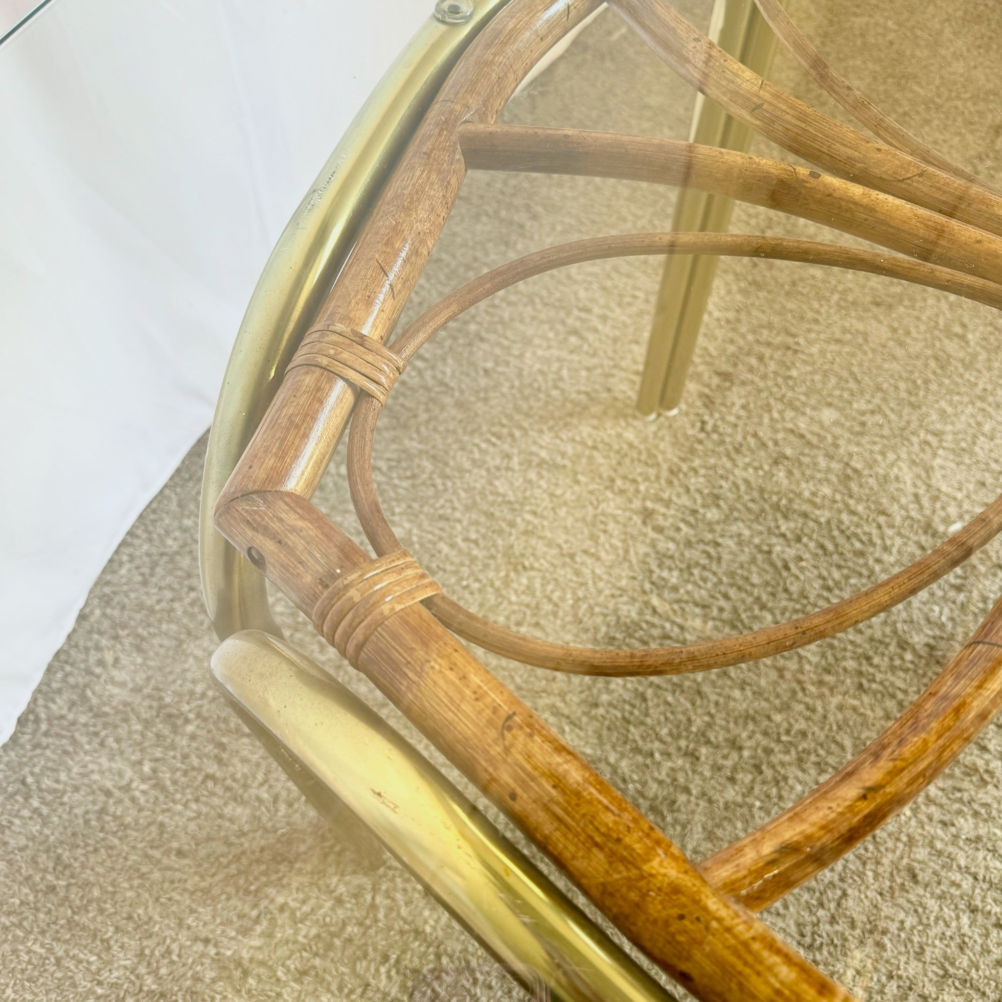 Vintage Boho Gold and Rattan Glass Top Dining Table - Dolphin & Flamingo