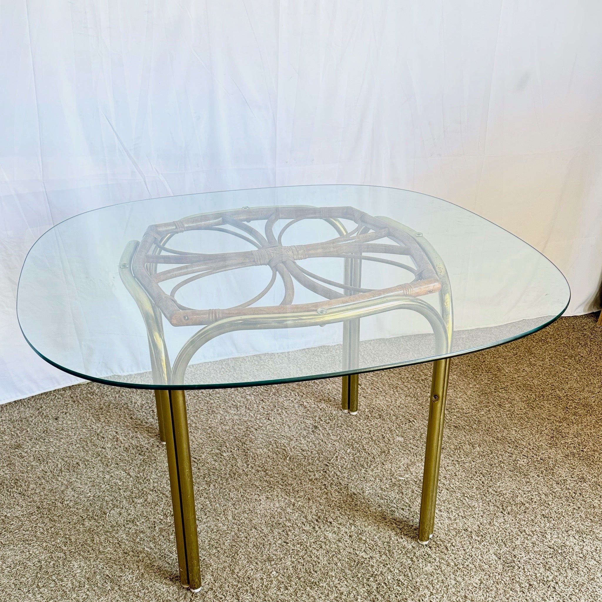 Vintage Boho Gold and Rattan Glass Top Dining Table - Dolphin & Flamingo