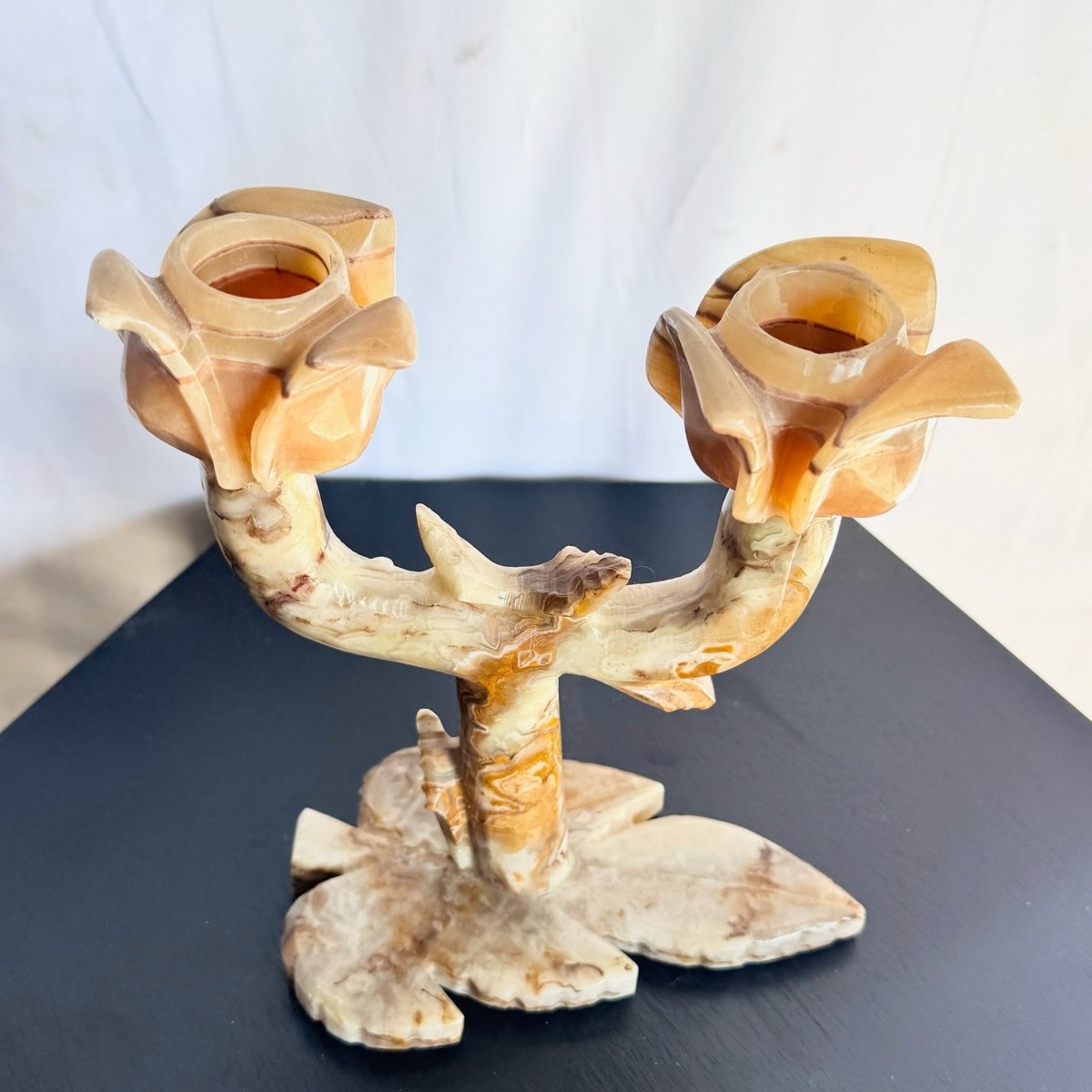 Vintage Carved Green Onyx Candelabra/Candle Holder - Dolphin & Flamingo