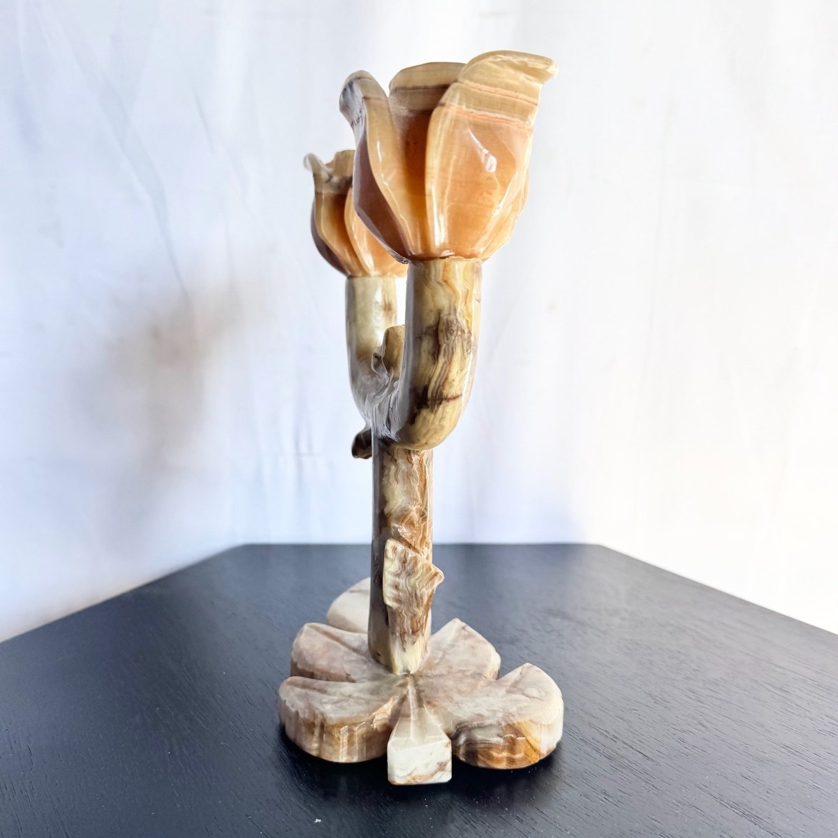 Vintage Carved Green Onyx Candelabra/Candle Holder - Dolphin & Flamingo
