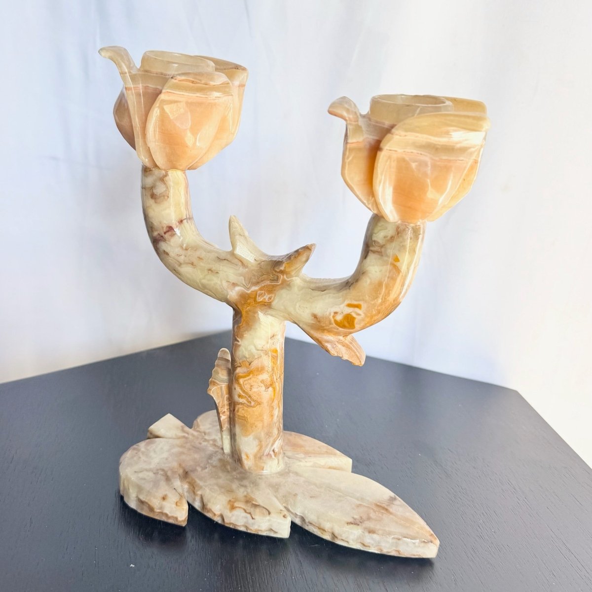 Vintage Carved Green Onyx Candelabra/Candle Holder - Dolphin & Flamingo