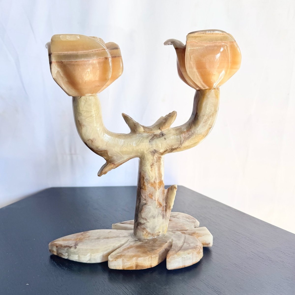 Vintage Carved Green Onyx Candelabra/Candle Holder - Dolphin & Flamingo