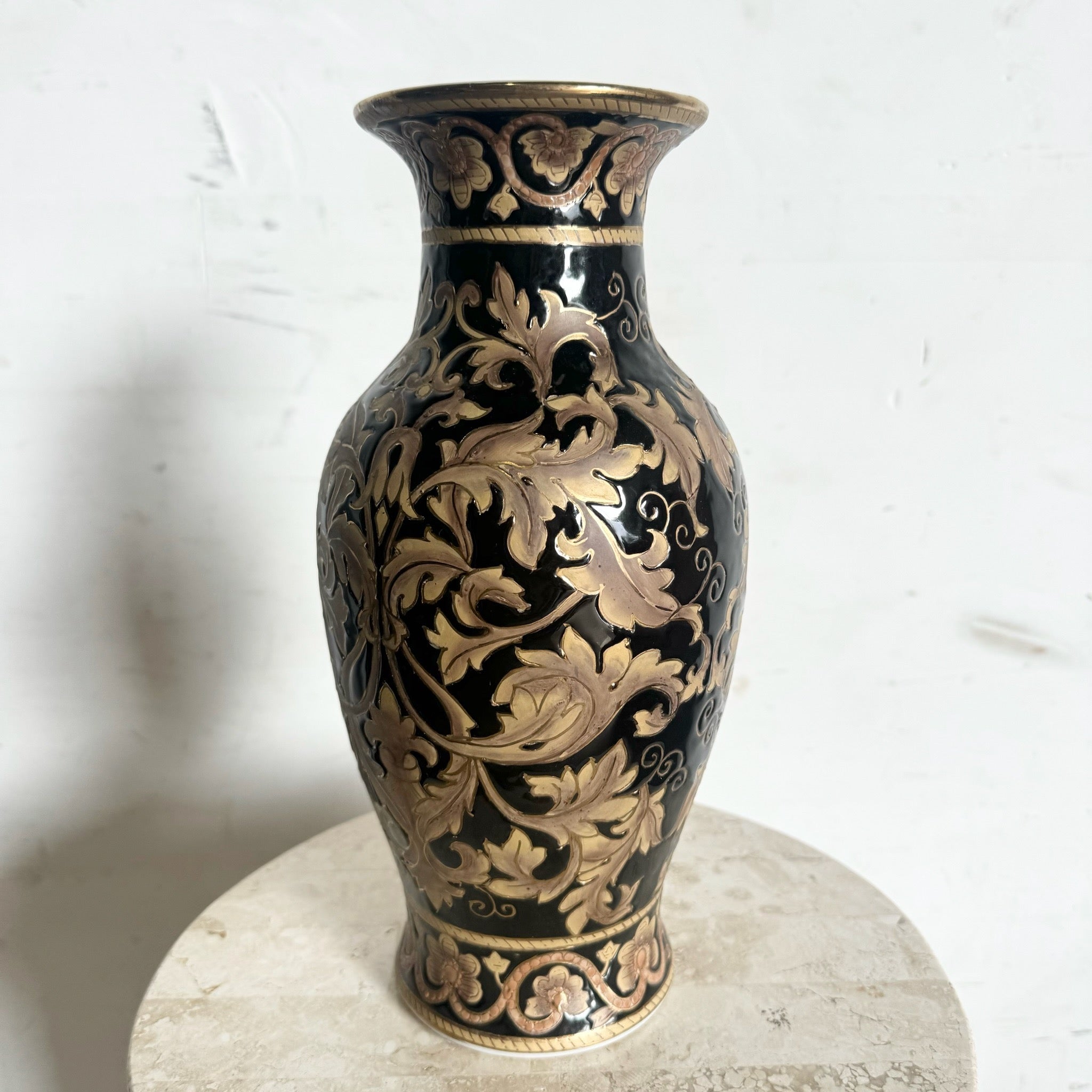 Vintage Chinese Black and Gold Porcelain Vase - Dolphin & Flamingo