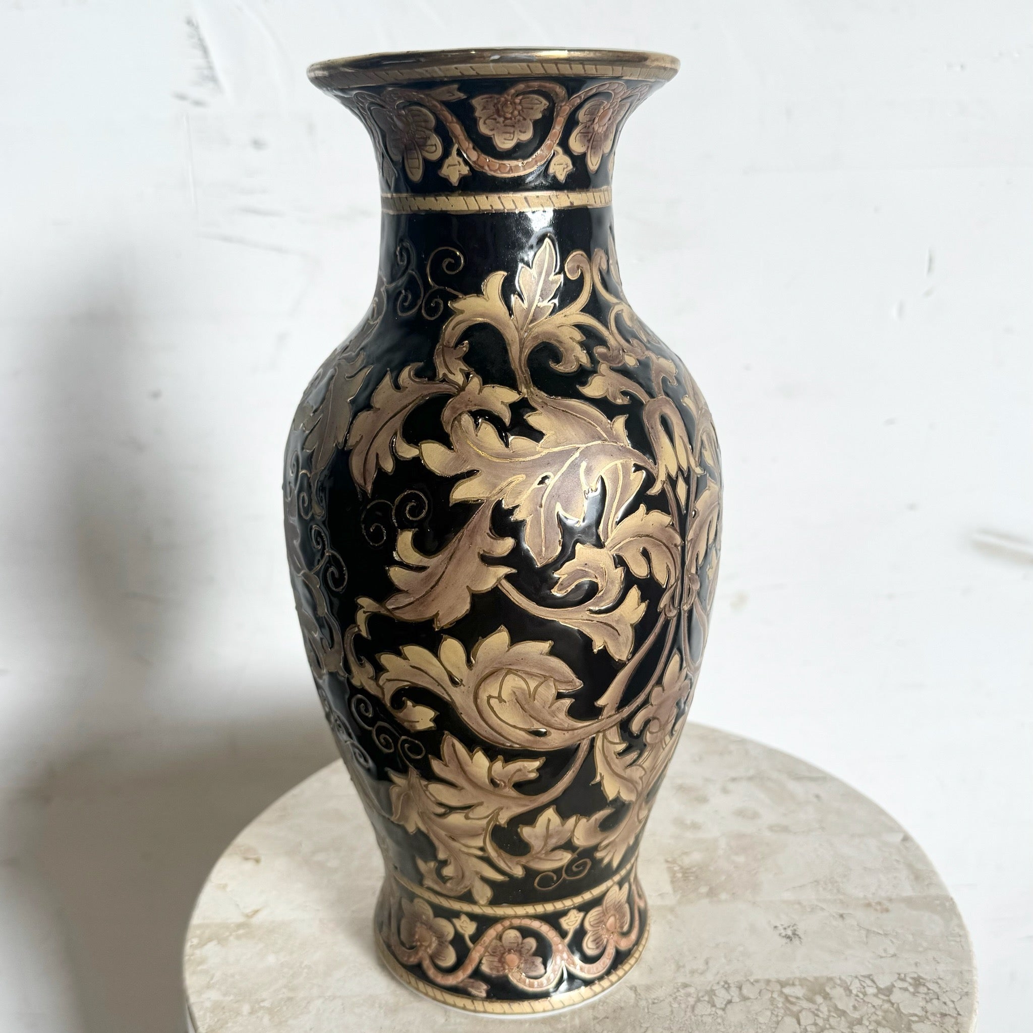 Vintage Chinese Black and Gold Porcelain Vase - Dolphin & Flamingo