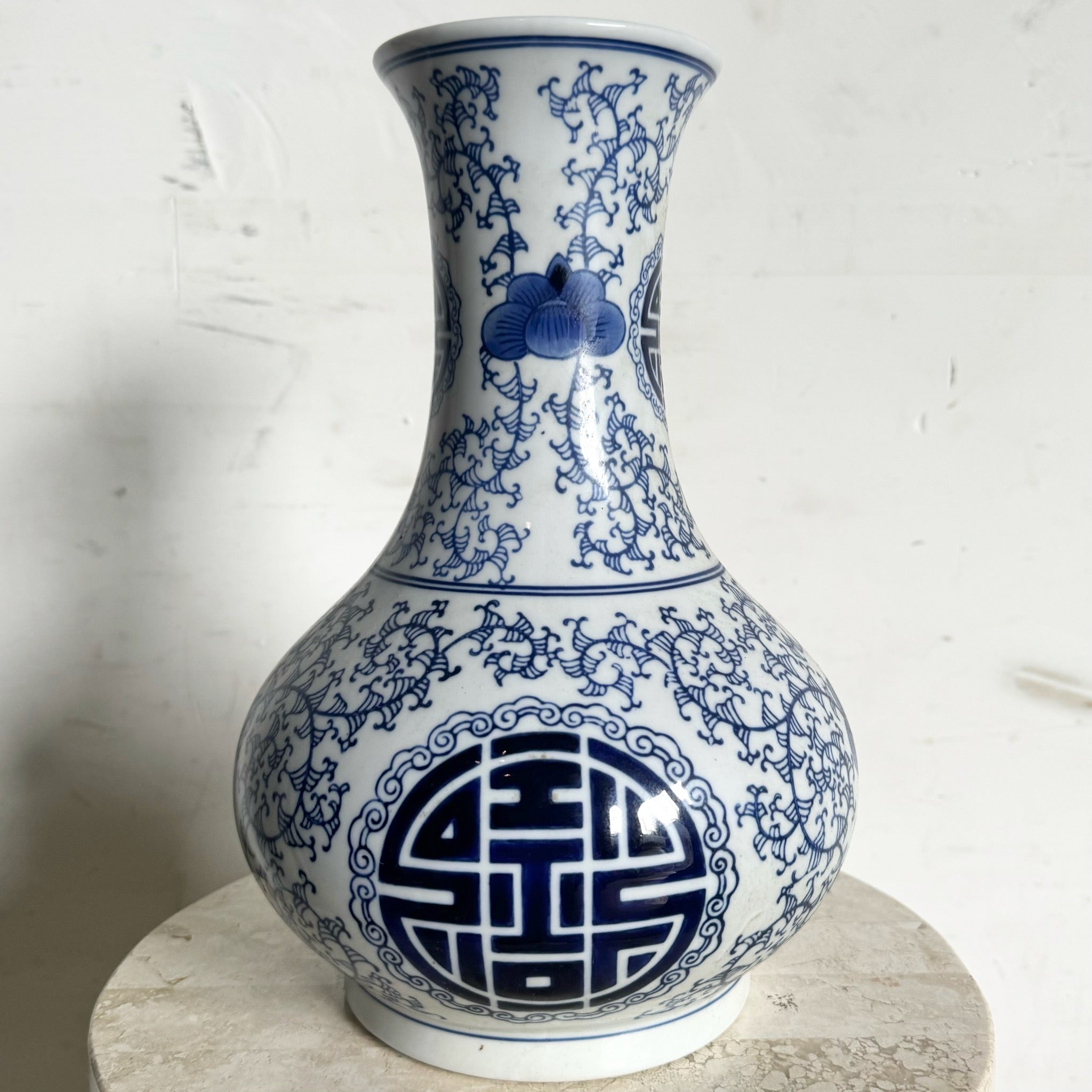 Vintage Chinese Blue and White Porcelain Vase - Dolphin & Flamingo