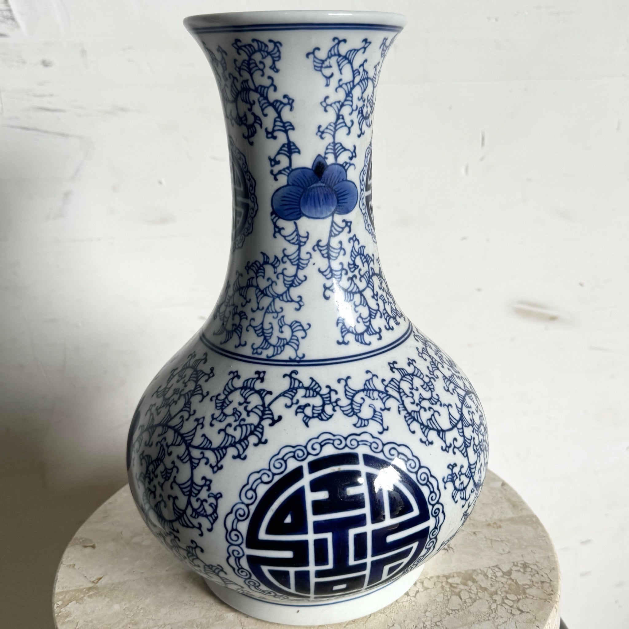 Vintage Chinese Blue and White Porcelain Vase - Dolphin & Flamingo