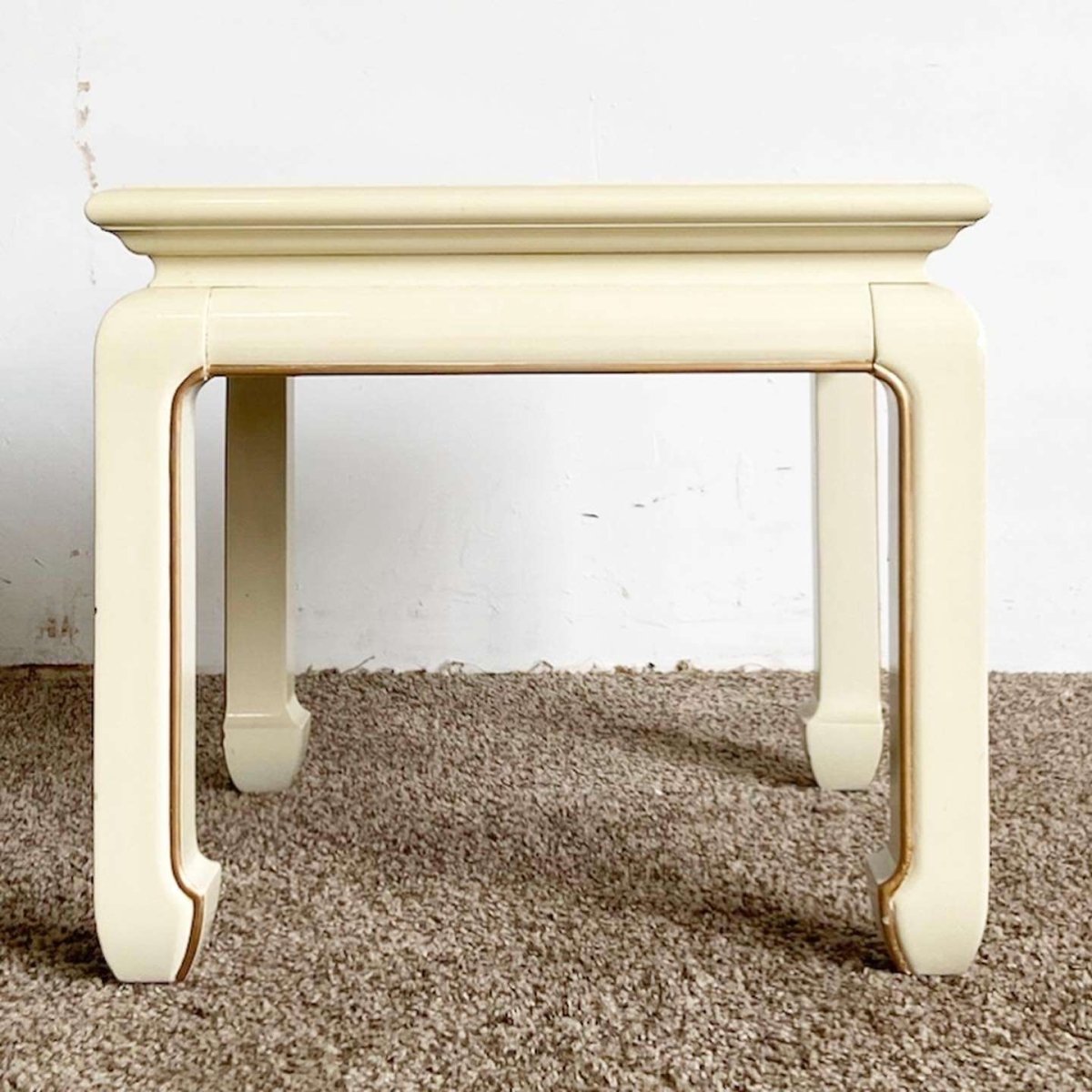 Vintage Chinese Cream Lacquered Hand Painted Side Table - Dolphin & Flamingo