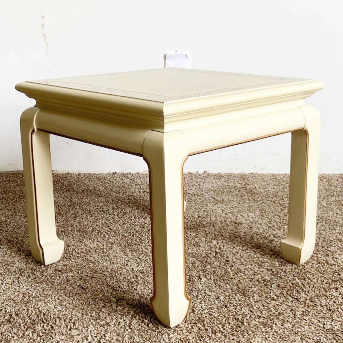 Vintage Chinese Cream Lacquered Hand Painted Side Table - Dolphin & Flamingo