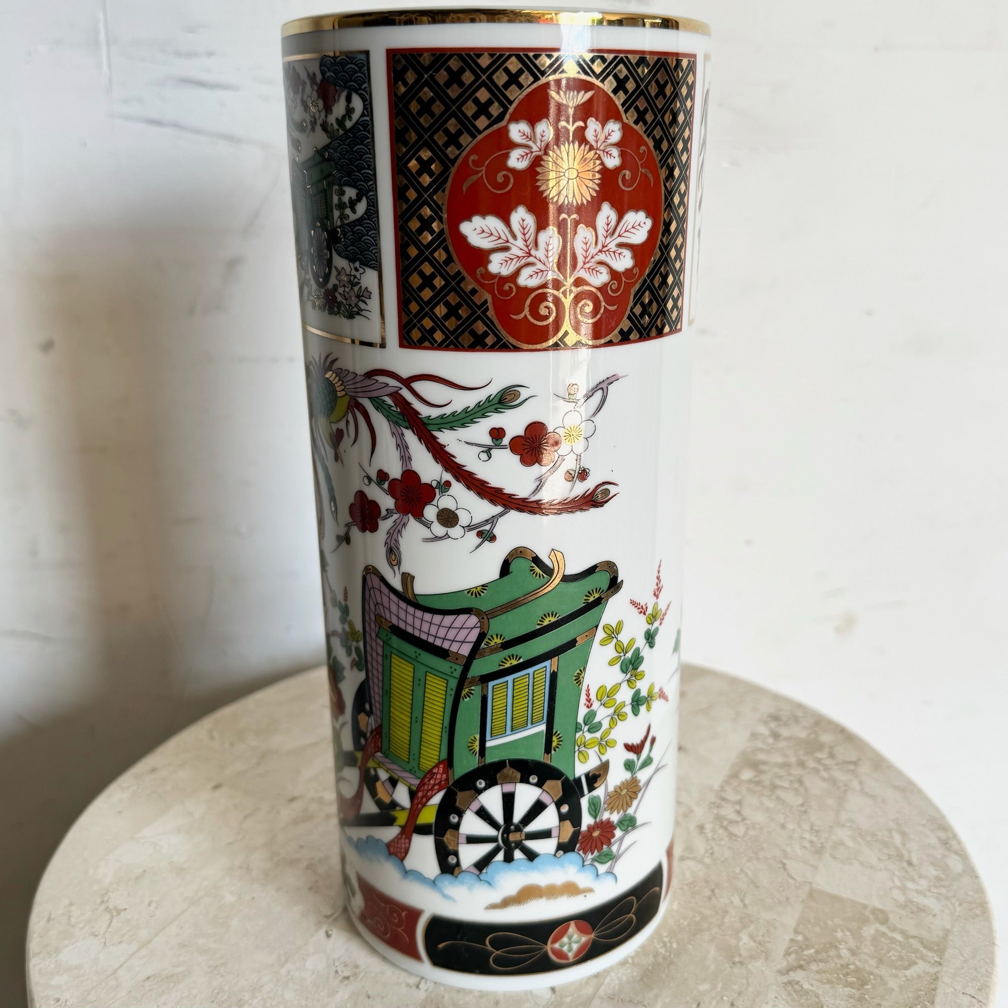 Vintage Chinese Cylindrical Porcelain Hand Painted Vase - Dolphin & Flamingo