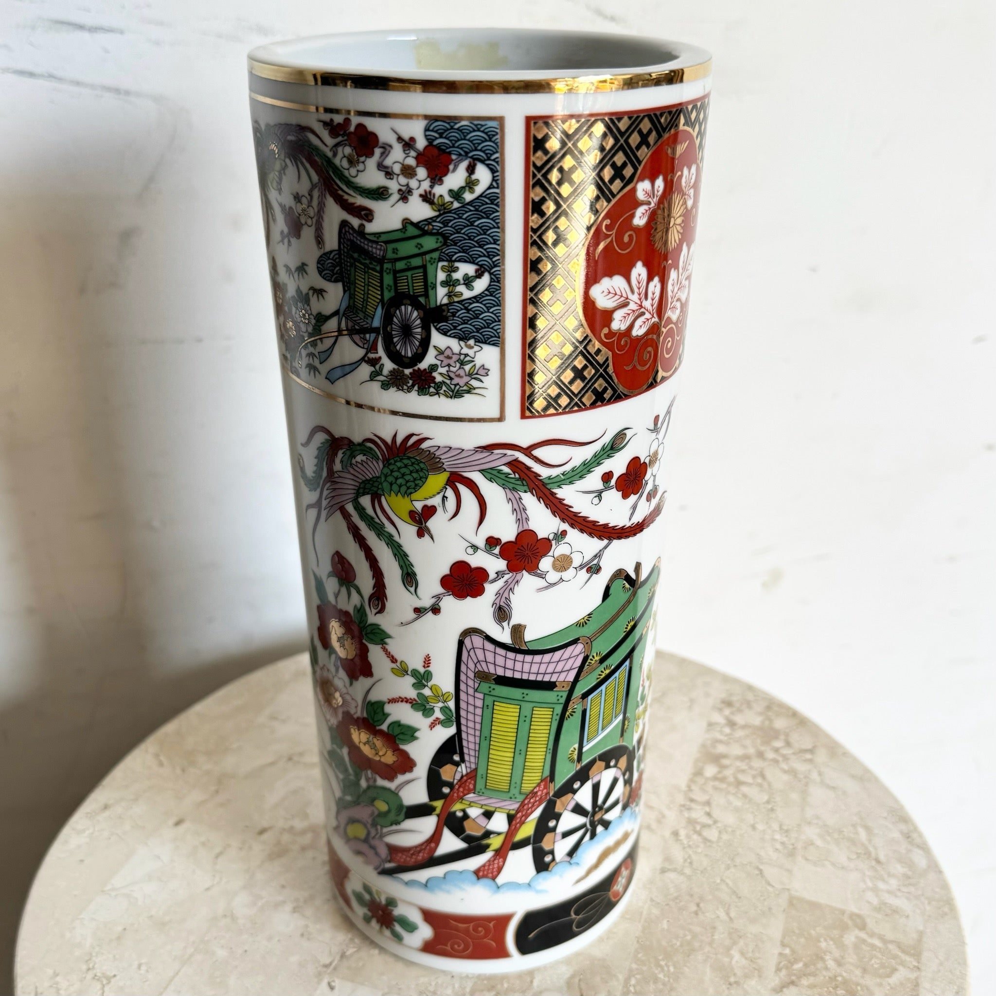 Vintage Chinese Cylindrical Porcelain Hand Painted Vase - Dolphin & Flamingo