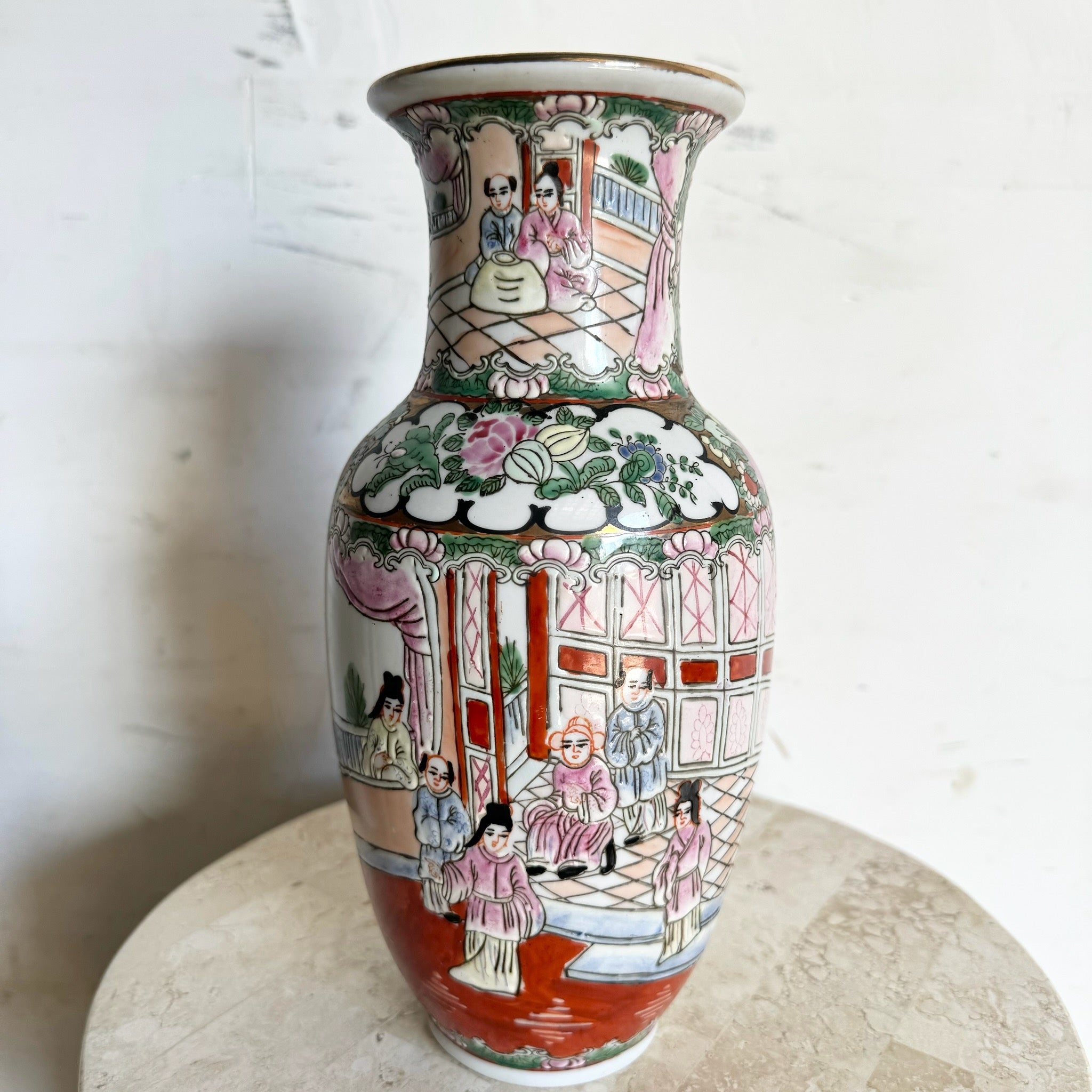 Vintage Chinese Hand Painted Porcelain Vase - Dolphin & Flamingo
