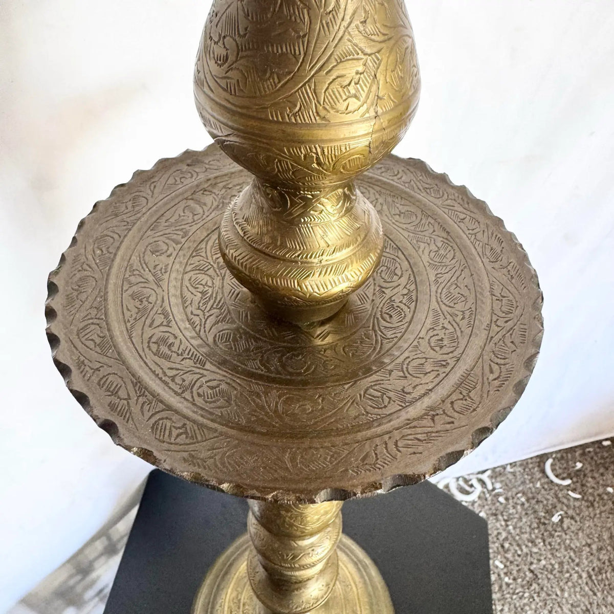 Vintage Etched Brass Candlestick Table Lamp - Dolphin & Flamingo