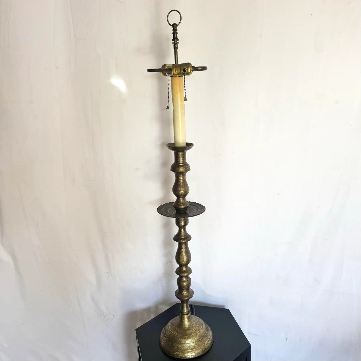 Vintage Etched Brass Candlestick Table Lamp - Dolphin & Flamingo