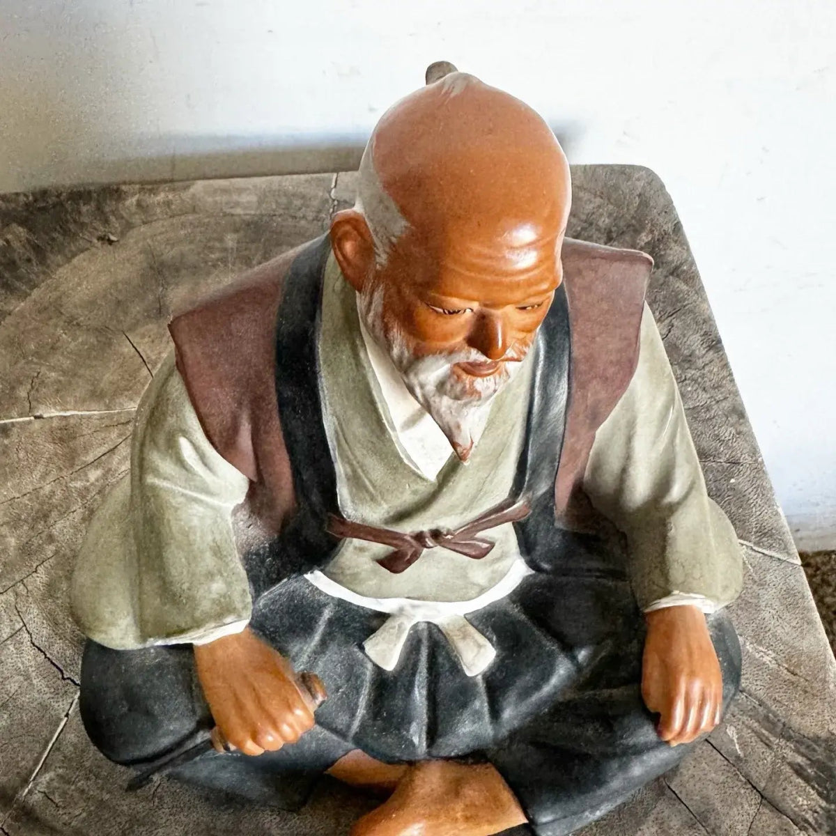 Vintage Hakata Mimasu Traditional Japanese Clay Doll Old Man - Dolphin & Flamingo