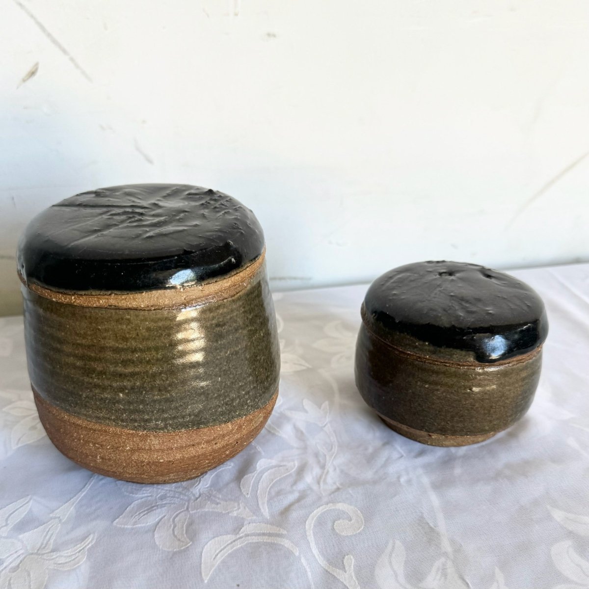 Vintage Hand Made Pottery Jars With Lids - 2 Pieces - Dolphin & Flamingo