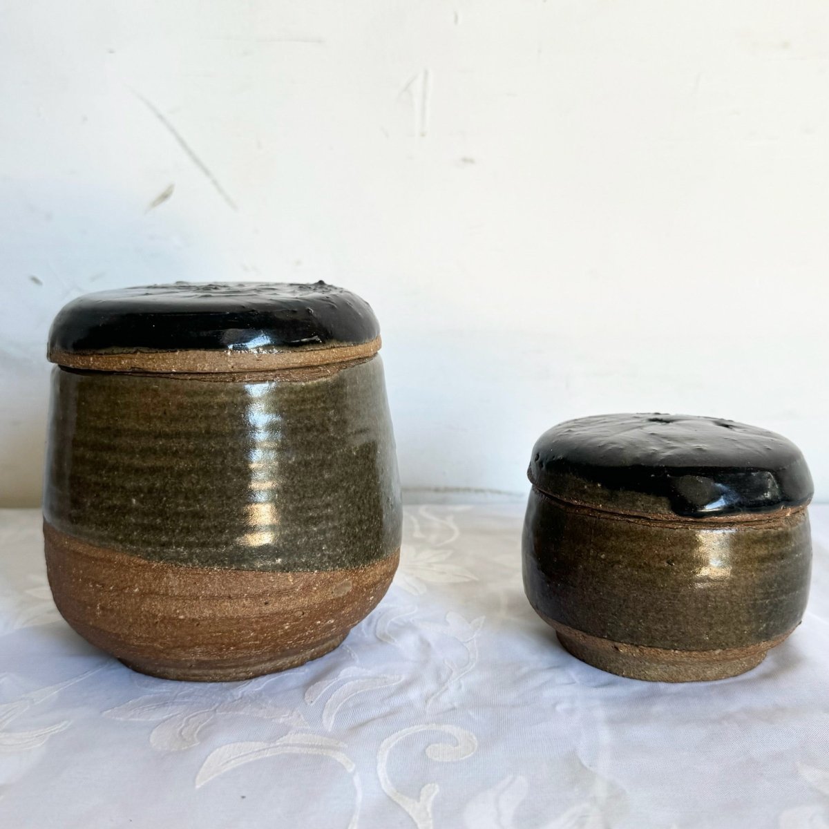Vintage Hand Made Pottery Jars With Lids - 2 Pieces - Dolphin & Flamingo