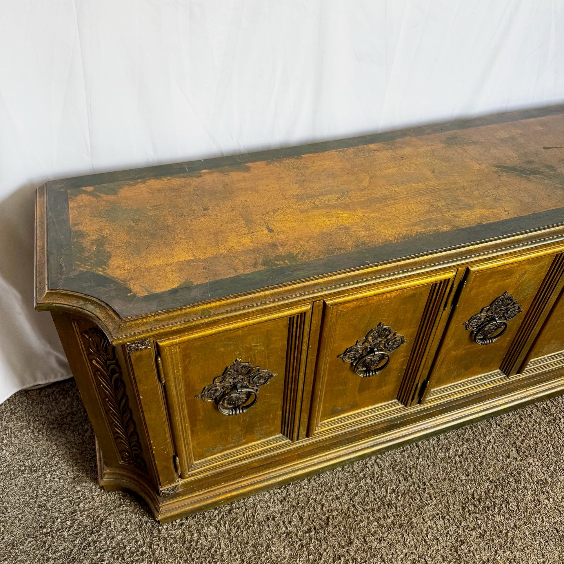Vintage Hollywood Regency Pained Gold Credenza/Sideboard - Dolphin & Flamingo