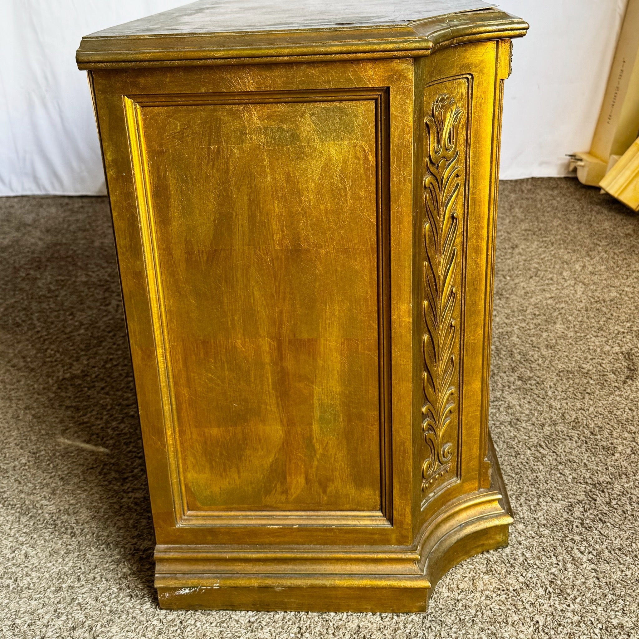 Vintage Hollywood Regency Pained Gold Credenza/Sideboard - Dolphin & Flamingo