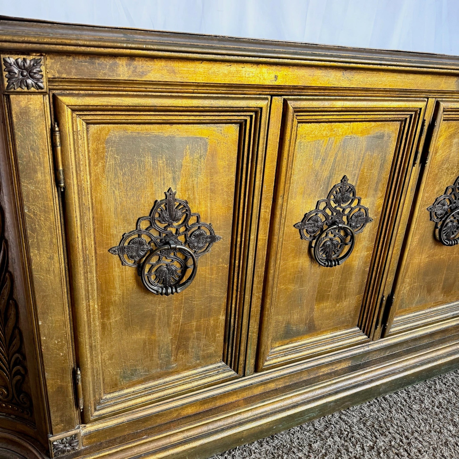 Vintage Hollywood Regency Pained Gold Credenza/Sideboard - Dolphin & Flamingo