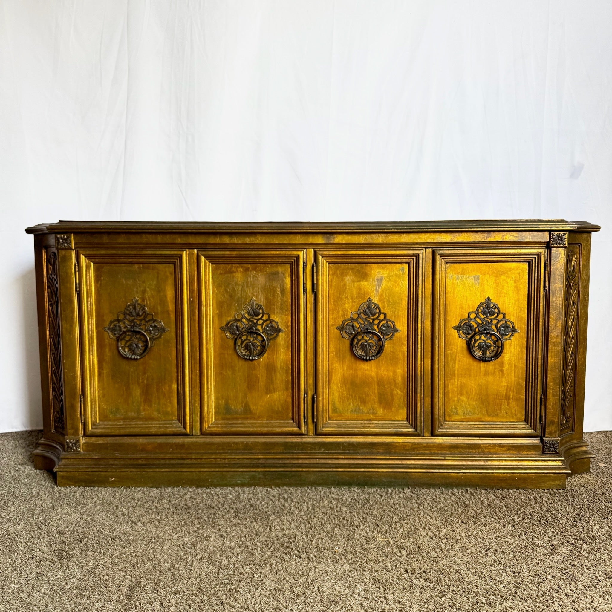 Vintage Hollywood Regency Pained Gold Credenza/Sideboard - Dolphin & Flamingo