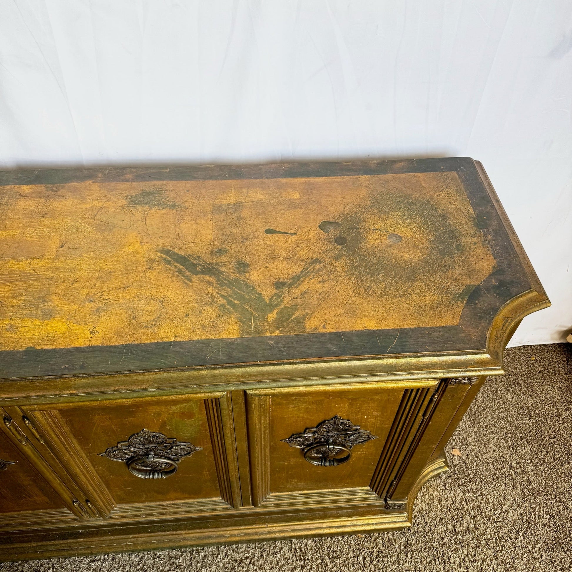 Vintage Hollywood Regency Pained Gold Credenza/Sideboard - Dolphin & Flamingo