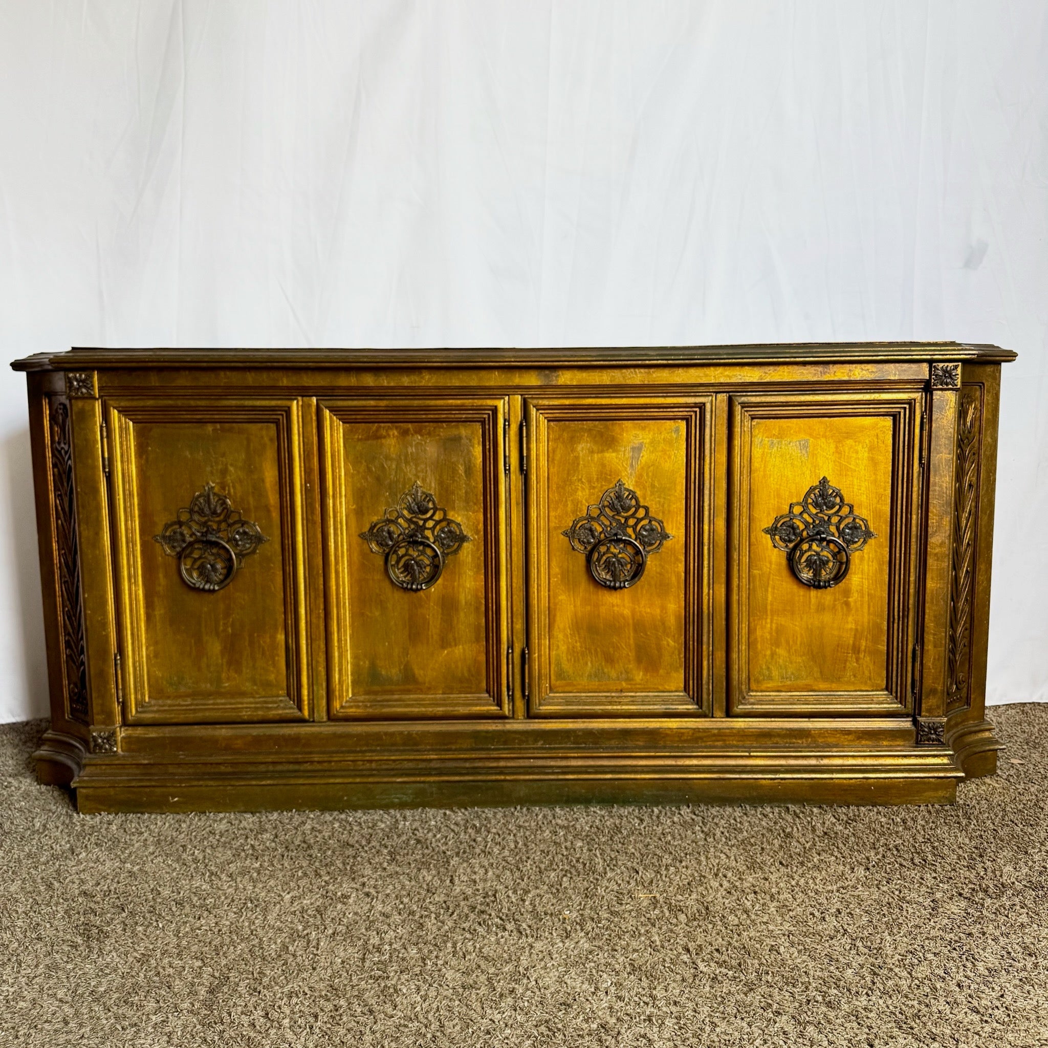 Vintage Hollywood Regency Pained Gold Credenza/Sideboard - Dolphin & Flamingo