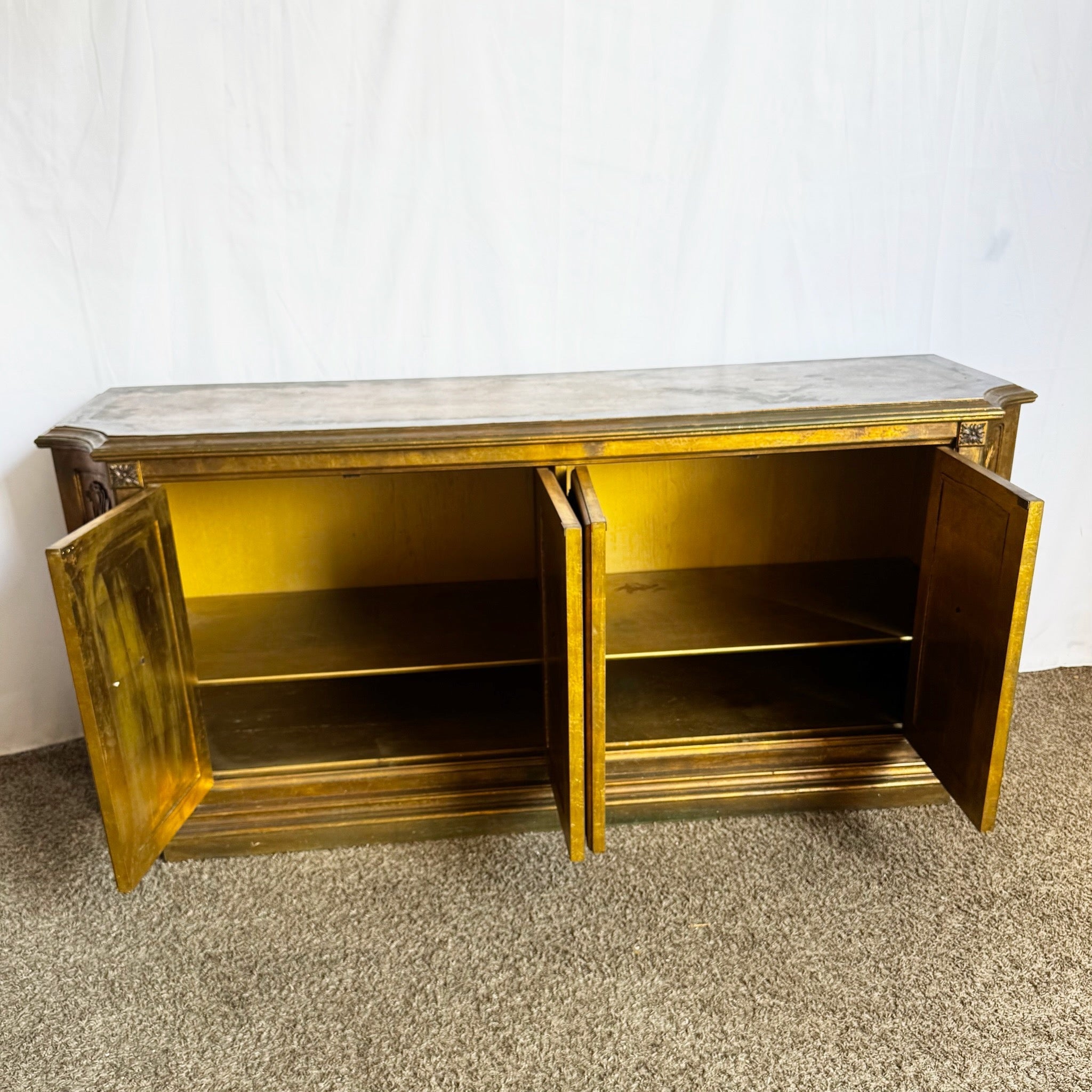 Vintage Hollywood Regency Pained Gold Credenza/Sideboard - Dolphin & Flamingo