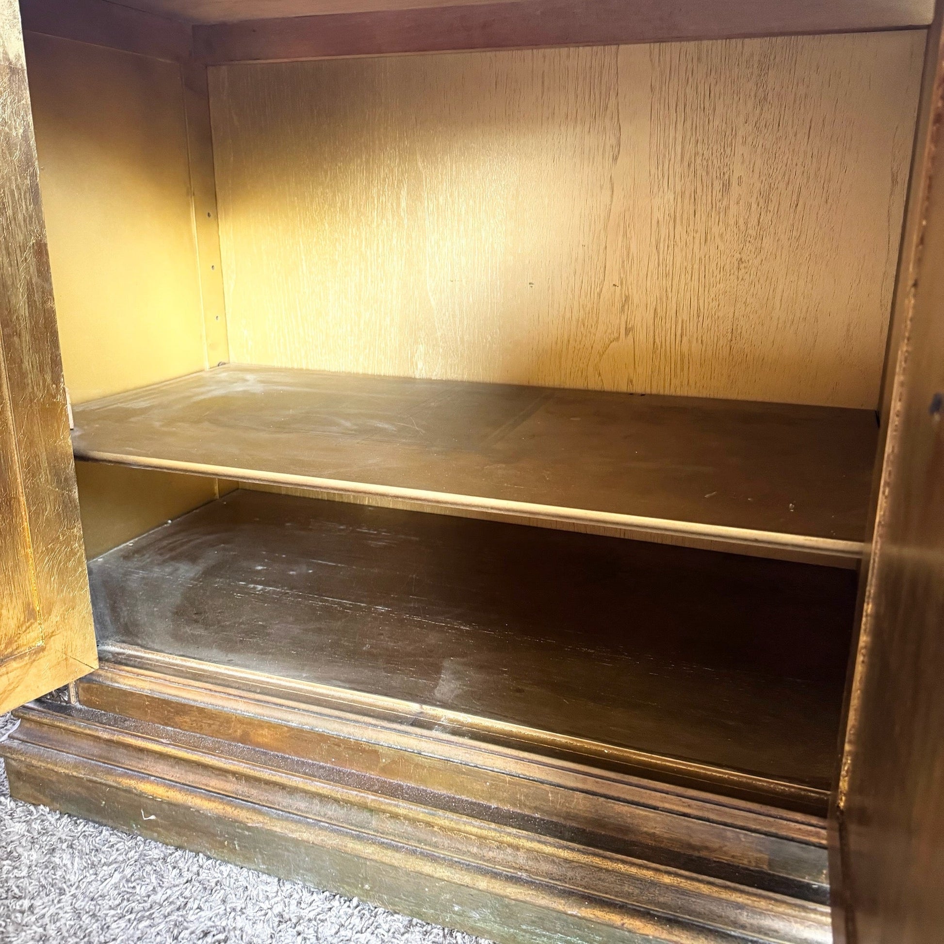 Vintage Hollywood Regency Pained Gold Credenza/Sideboard - Dolphin & Flamingo