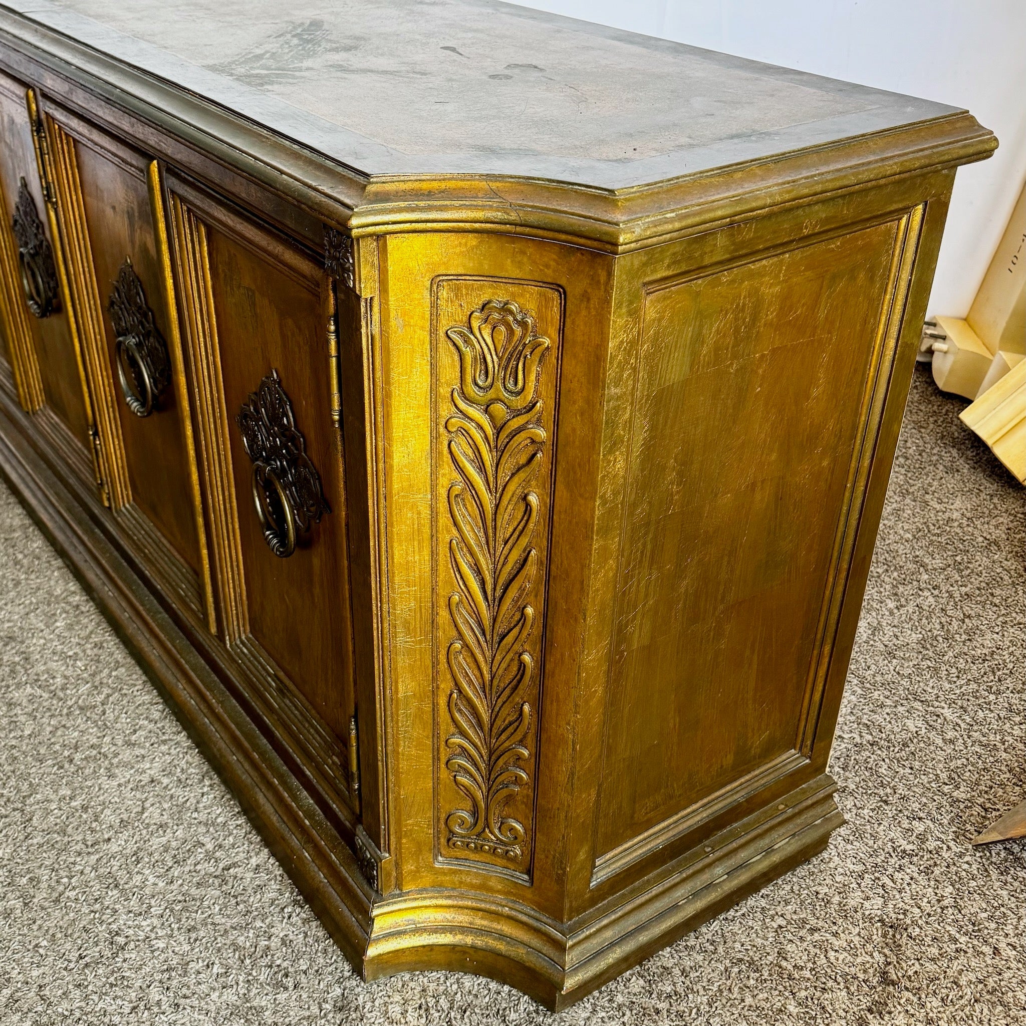 Vintage Hollywood Regency Pained Gold Credenza/Sideboard - Dolphin & Flamingo