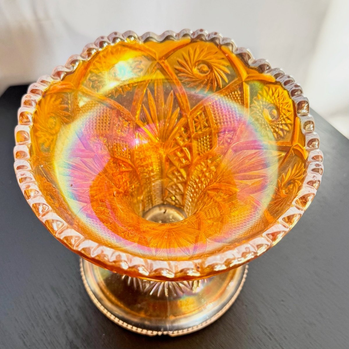 Vintage Imperial Marigold Carnival Glass Candy Dish - Dolphin & Flamingo