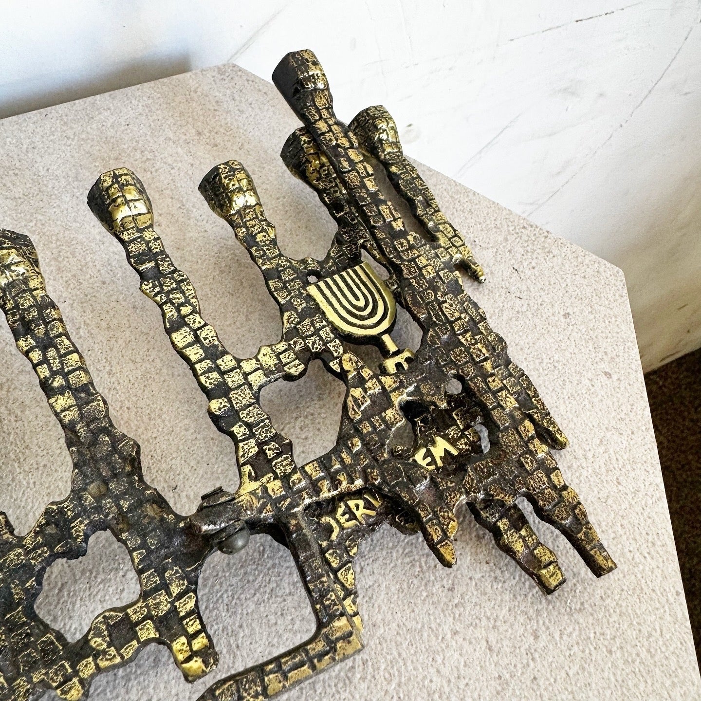 Vintage Israeli Brutalist Brass Menorah/Chanukia - Dolphin & Flamingo