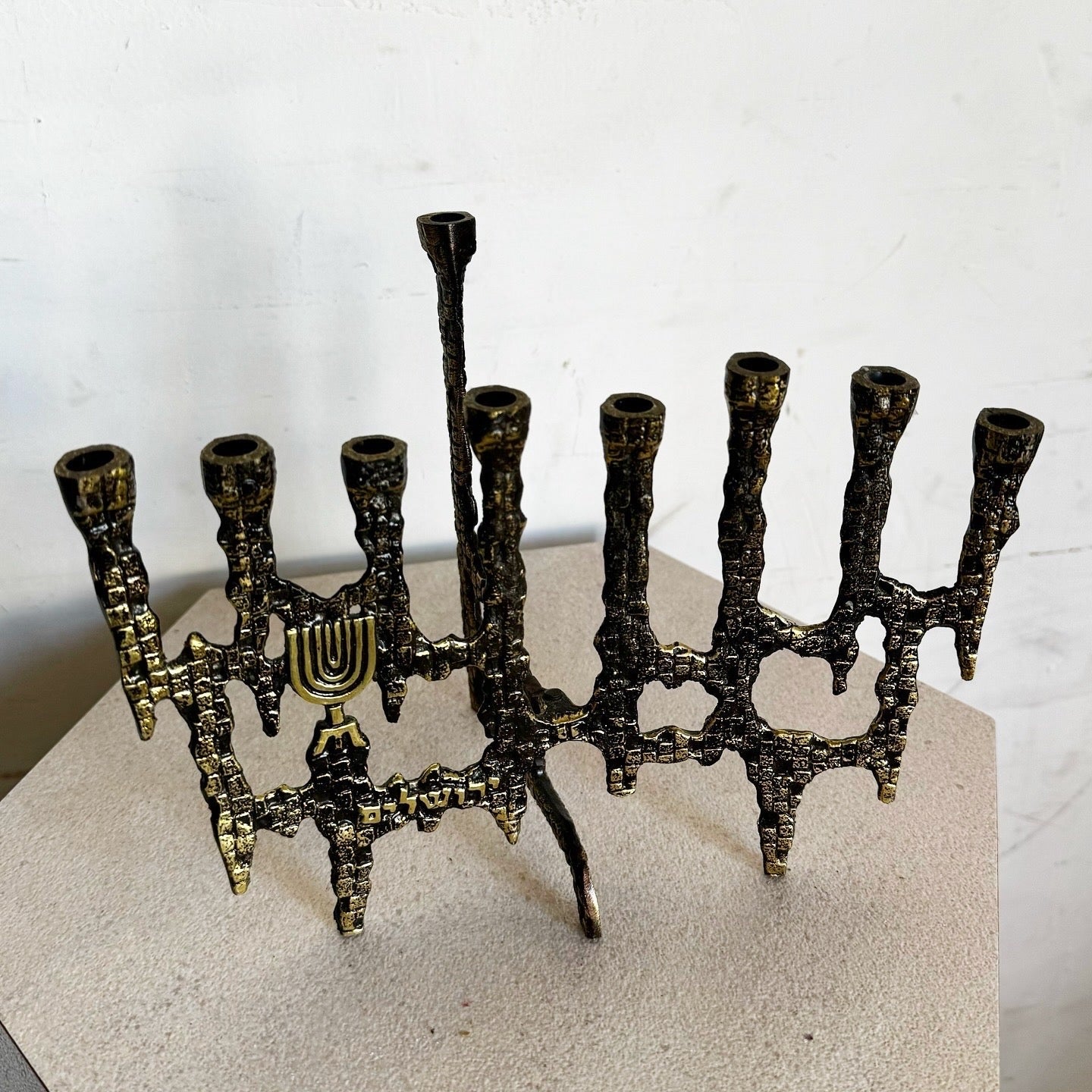 Vintage Israeli Brutalist Brass Menorah/Chanukia - Dolphin & Flamingo