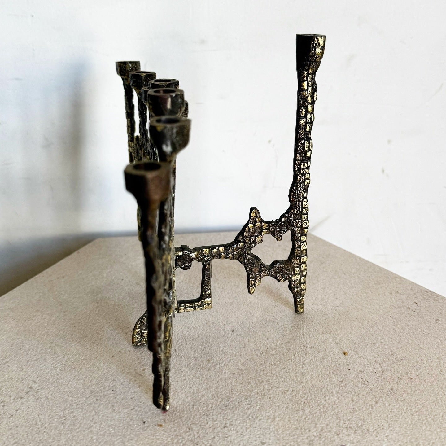 Vintage Israeli Brutalist Brass Menorah/Chanukia - Dolphin & Flamingo