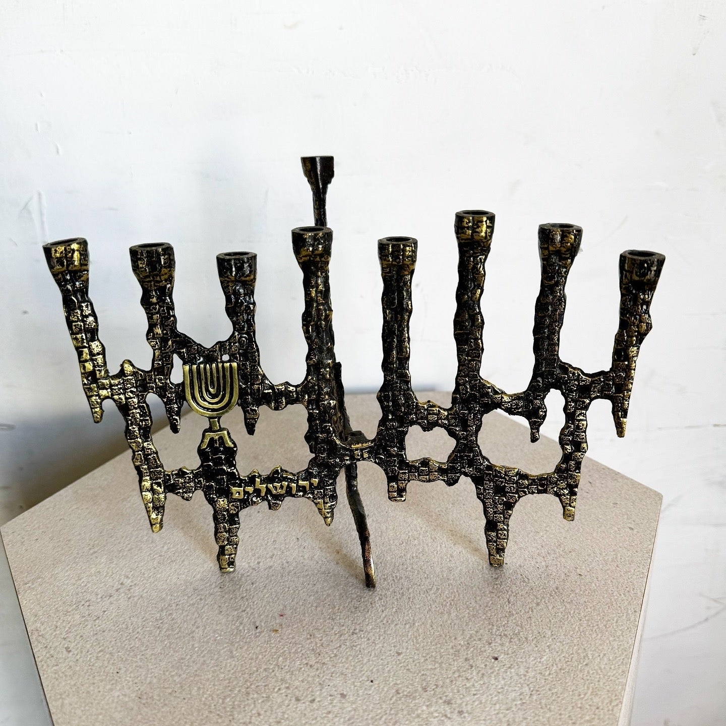 Vintage Israeli Brutalist Brass Menorah/Chanukia - Dolphin & Flamingo