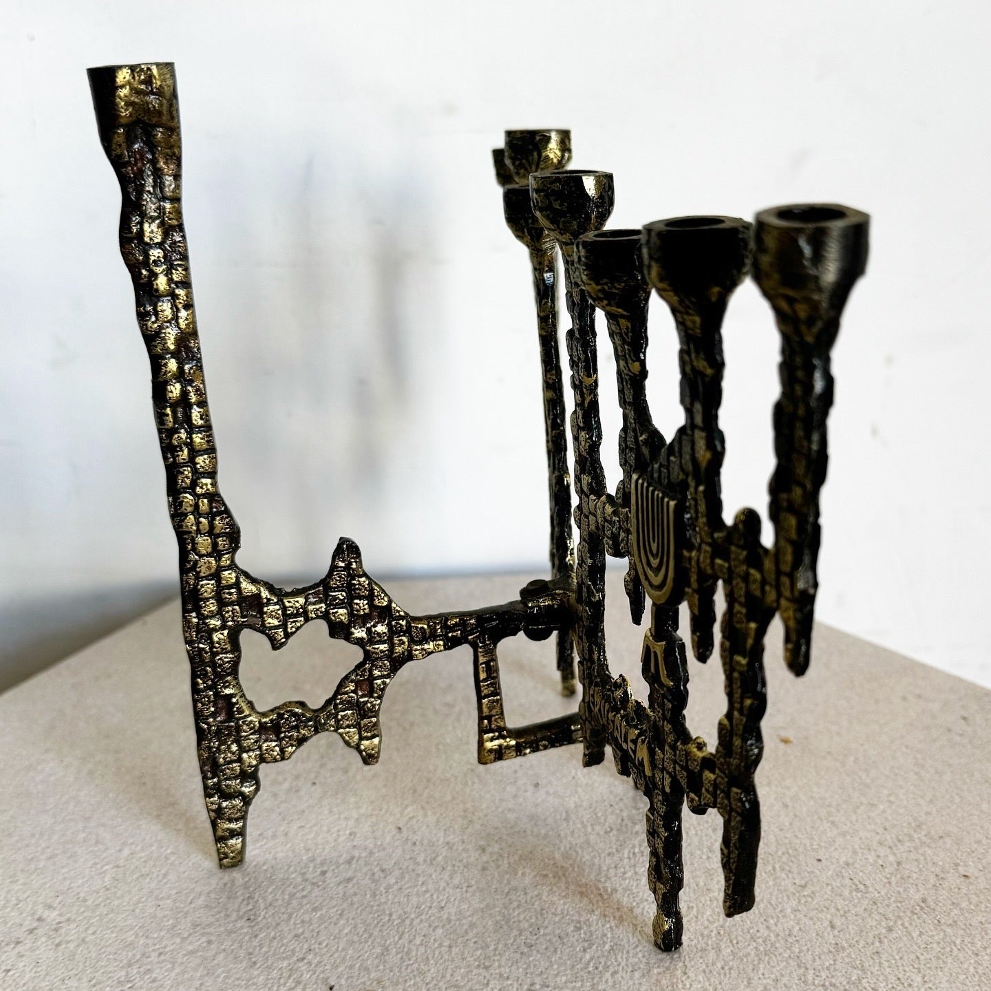 Vintage Israeli Brutalist Brass Menorah/Chanukia - Dolphin & Flamingo
