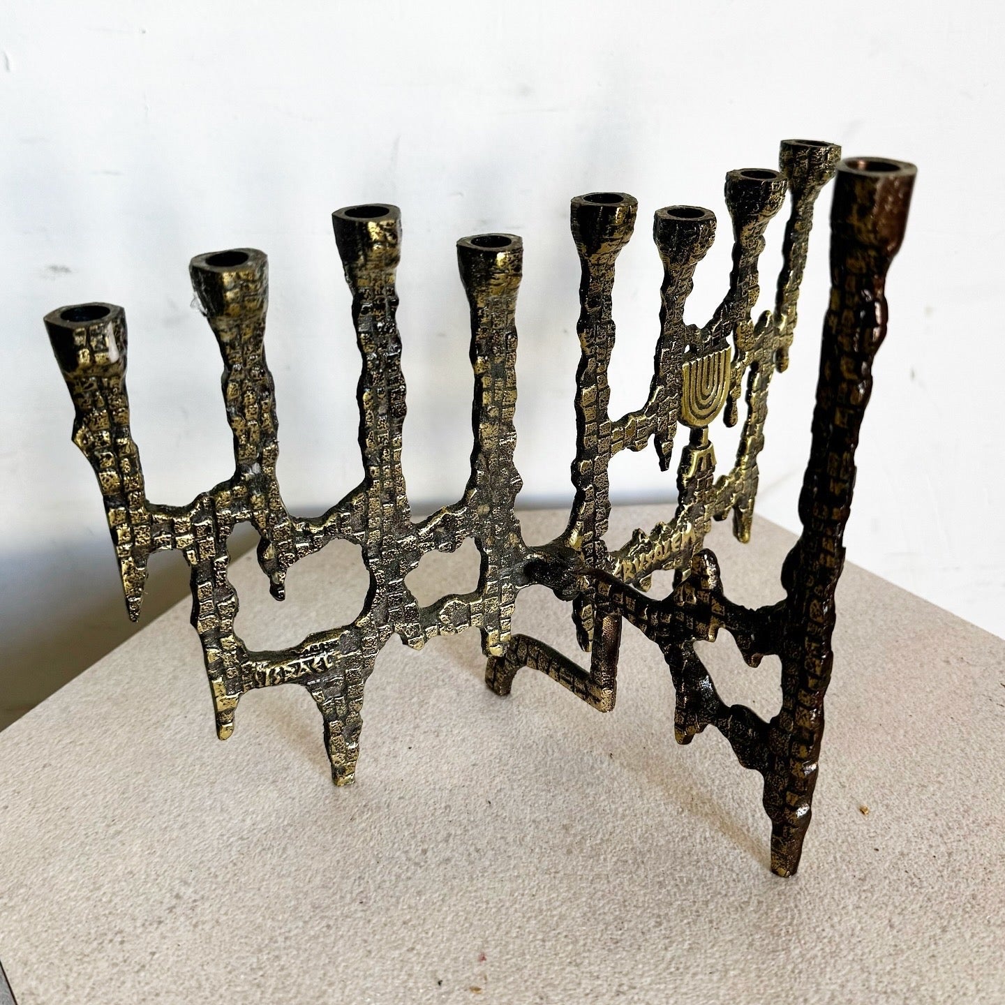 Vintage Israeli Brutalist Brass Menorah/Chanukia - Dolphin & Flamingo