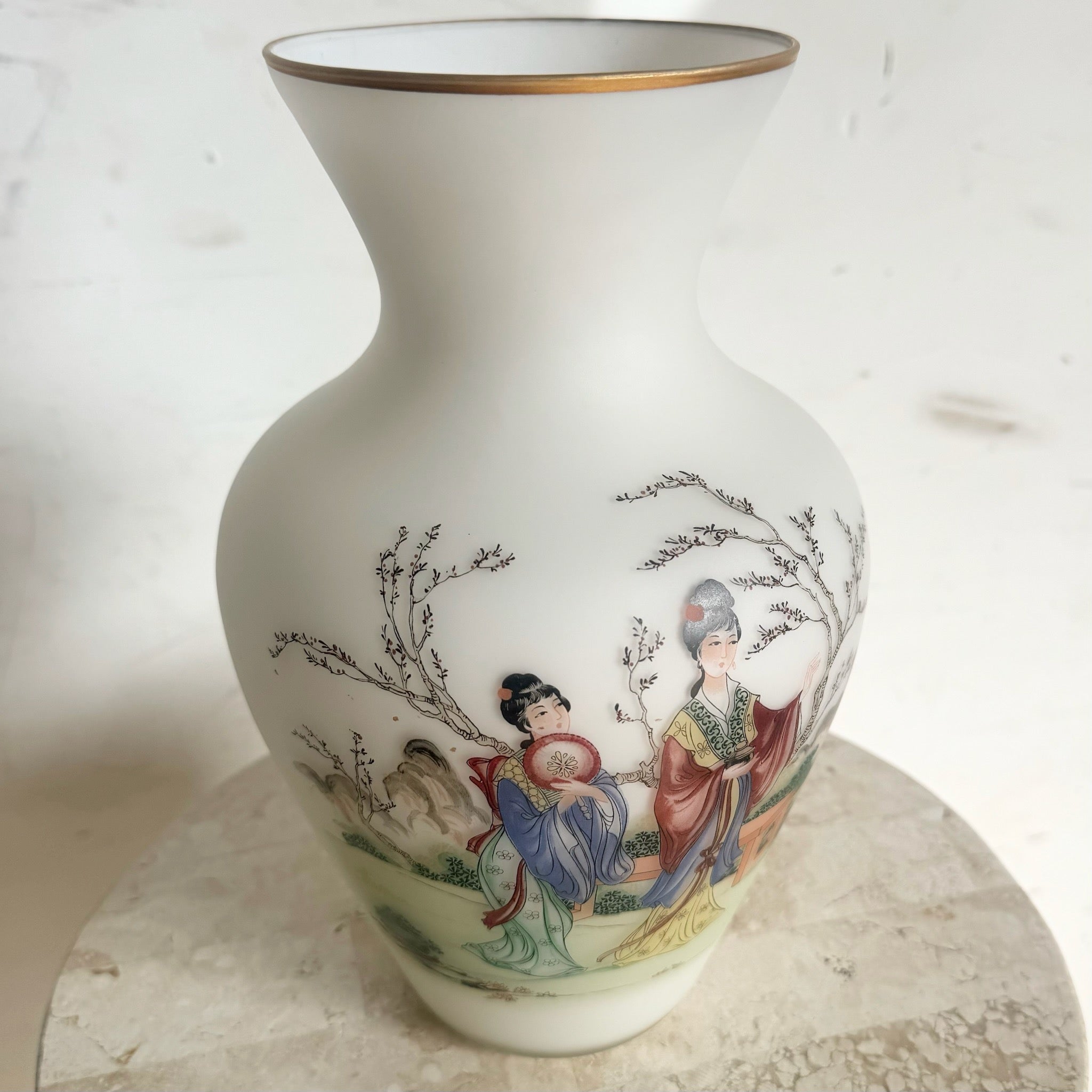 Vintage Italian Chinoiserie Satin Glass Vase - Dolphin & Flamingo