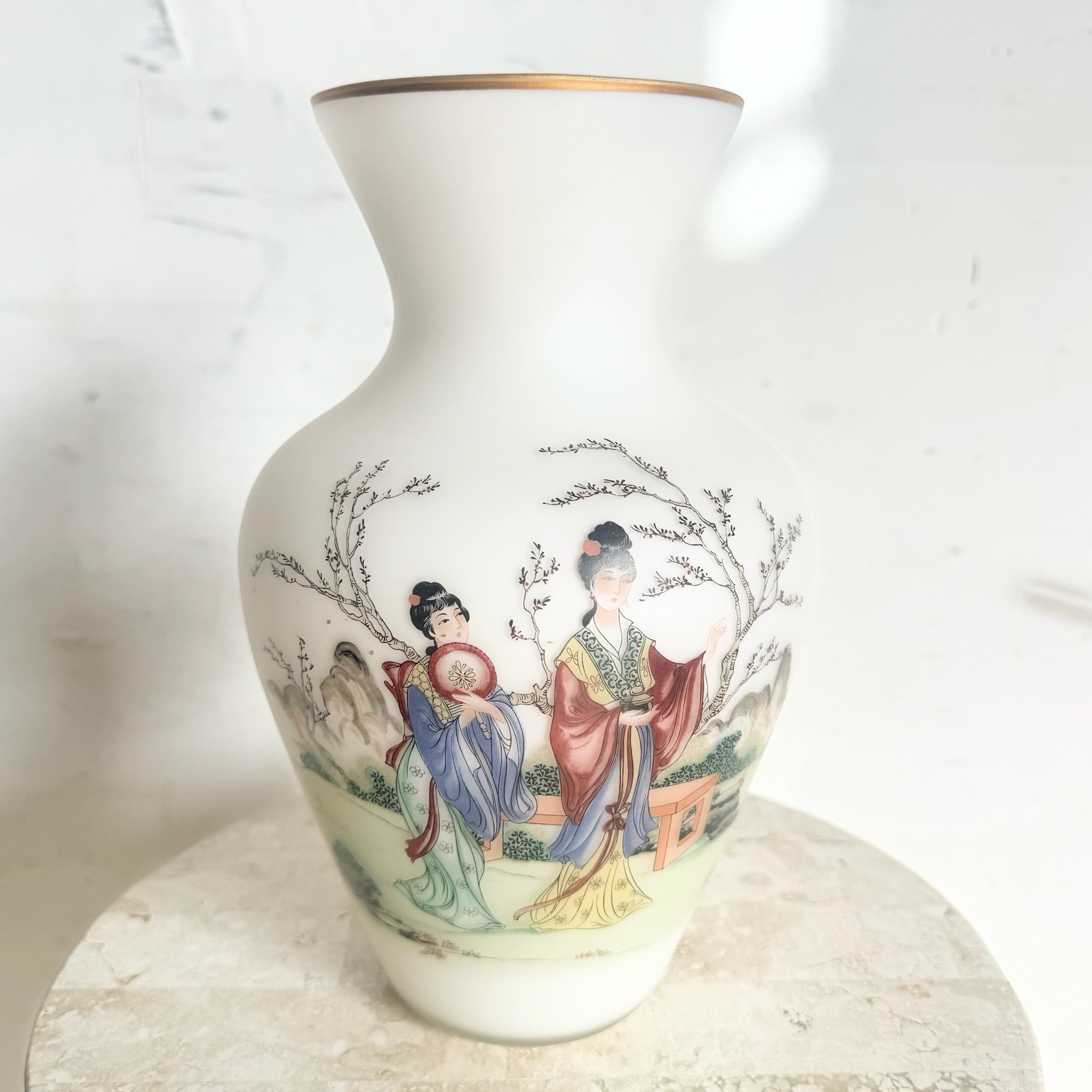Vintage Italian Chinoiserie Satin Glass Vase - Dolphin & Flamingo