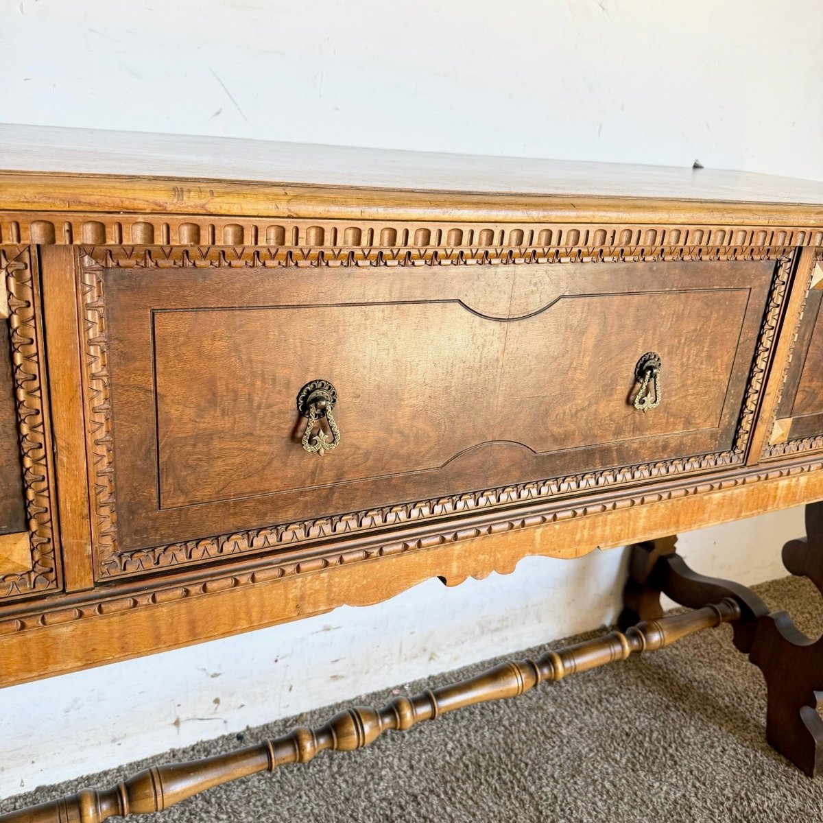Vintage Jacobean Style Burl and Walnut Server/Sideboard - Dolphin & Flamingo