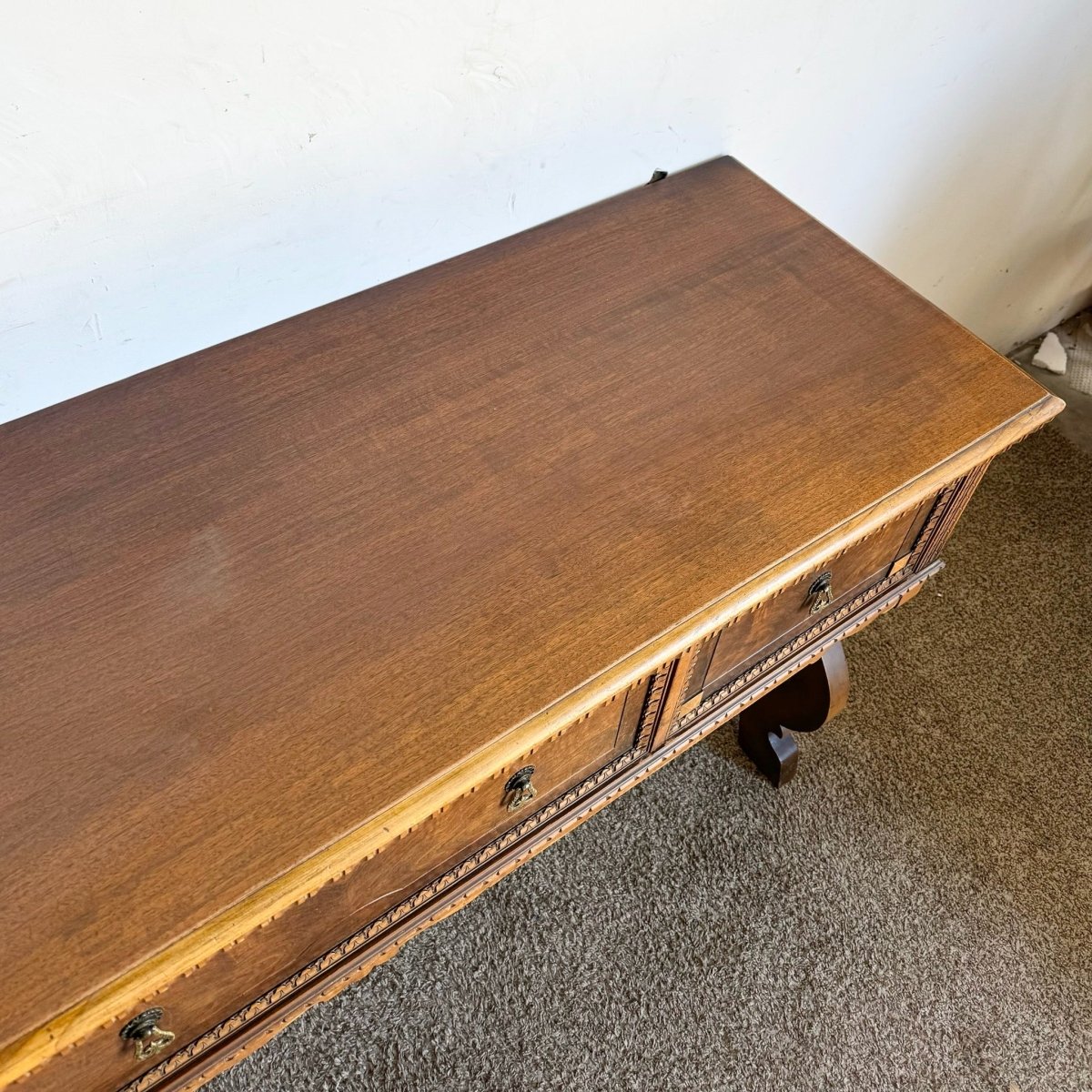 Vintage Jacobean Style Burl and Walnut Server/Sideboard - Dolphin & Flamingo