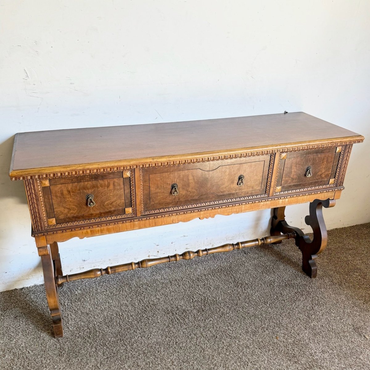 Vintage Jacobean Style Burl and Walnut Server/Sideboard - Dolphin & Flamingo