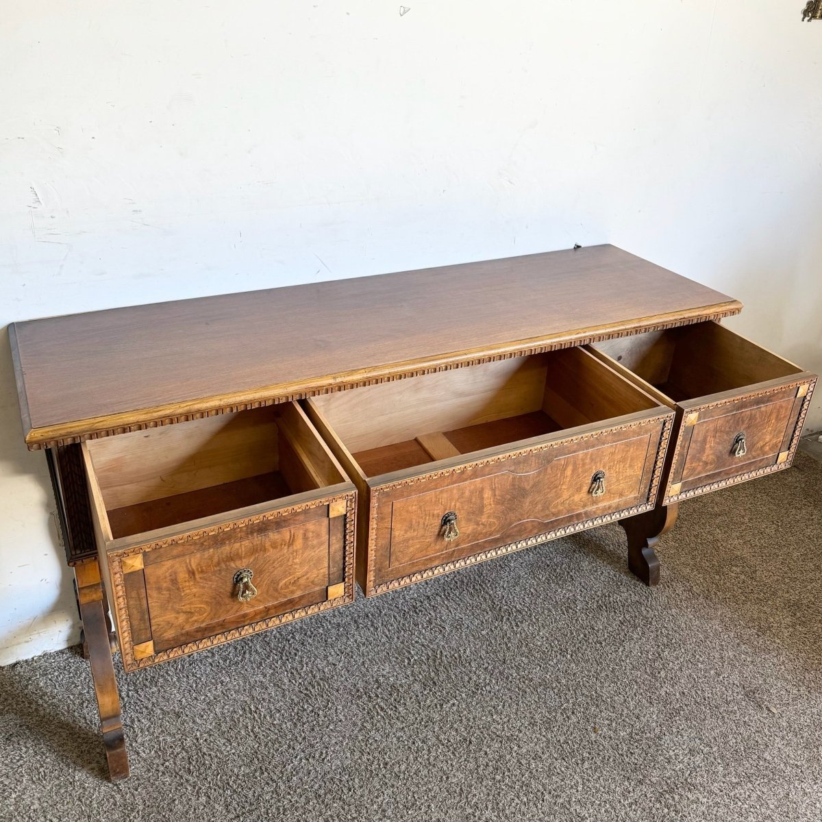 Vintage Jacobean Style Burl and Walnut Server/Sideboard - Dolphin & Flamingo