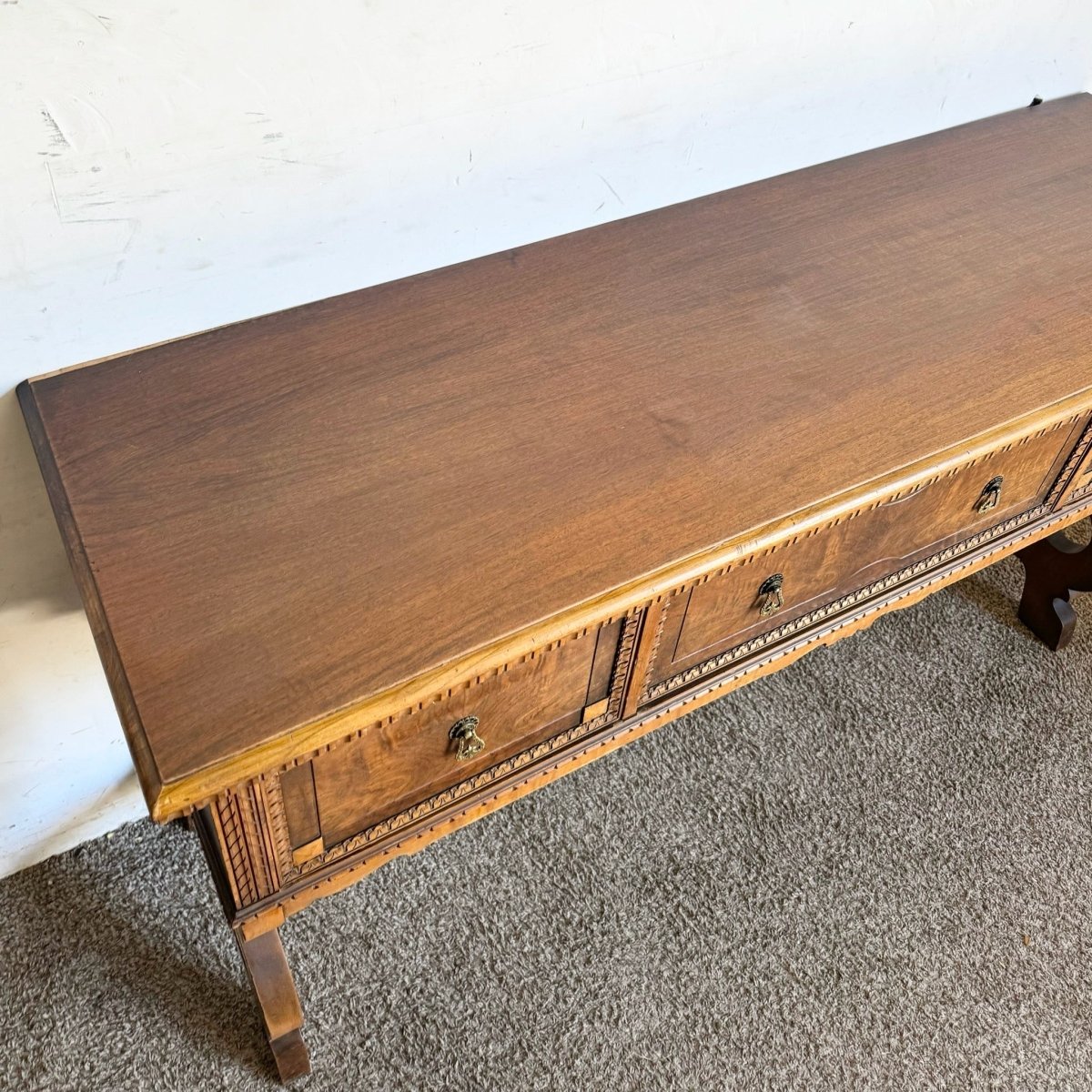 Vintage Jacobean Style Burl and Walnut Server/Sideboard - Dolphin & Flamingo