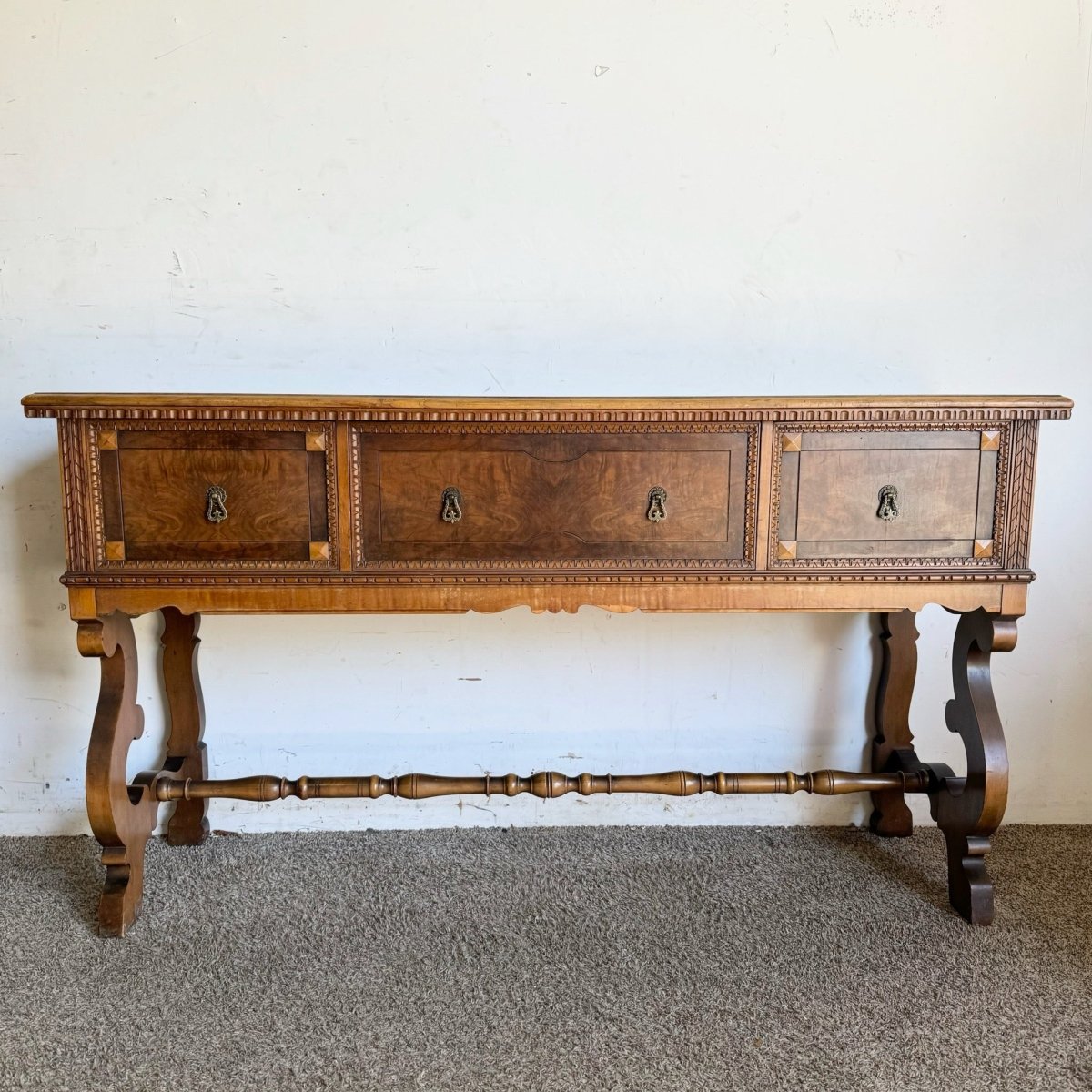 Vintage Jacobean Style Burl and Walnut Server/Sideboard - Dolphin & Flamingo