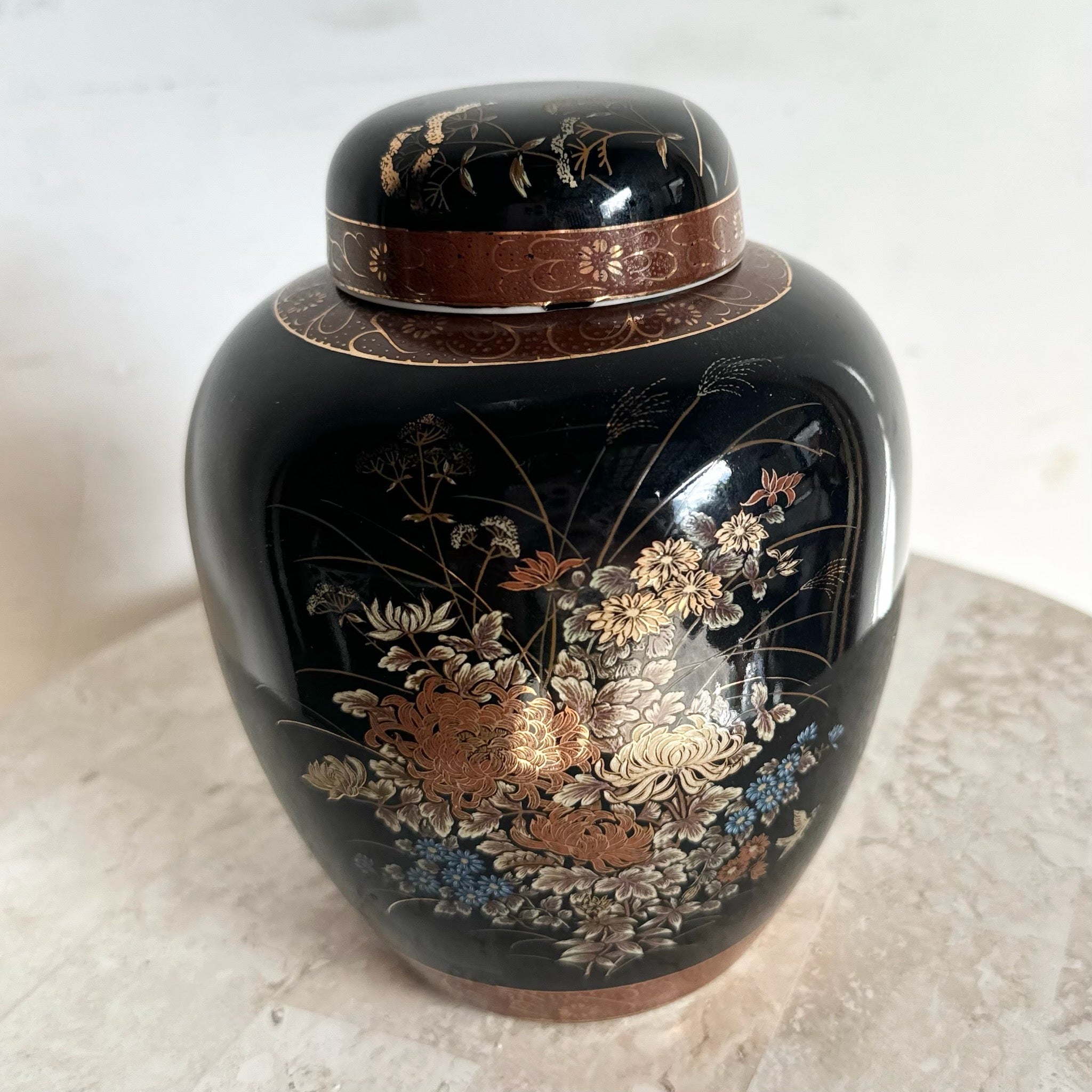 Vintage Japanese Black and Gold Ginger Jar - Dolphin & Flamingo
