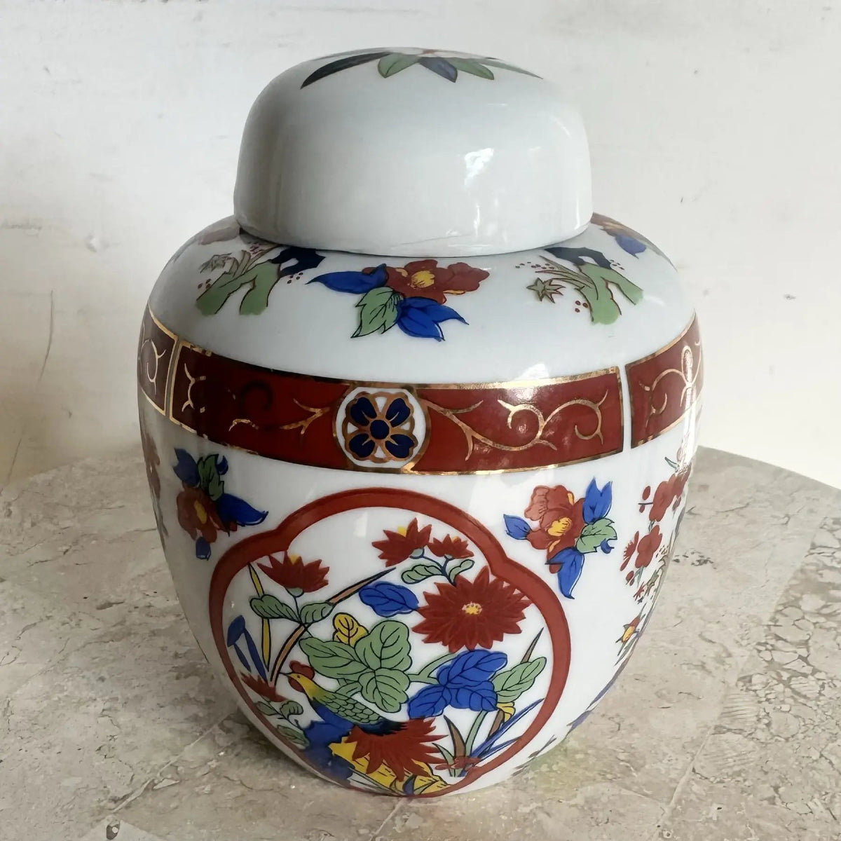 Vintage Japanese Imari Style Porcelain Hand Painted Ginger Jar - Dolphin & Flamingo