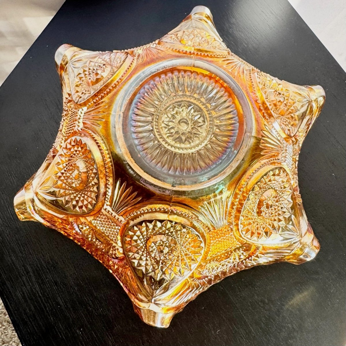 Vintage Marigold Carnival Glass Bowl - Dolphin & Flamingo