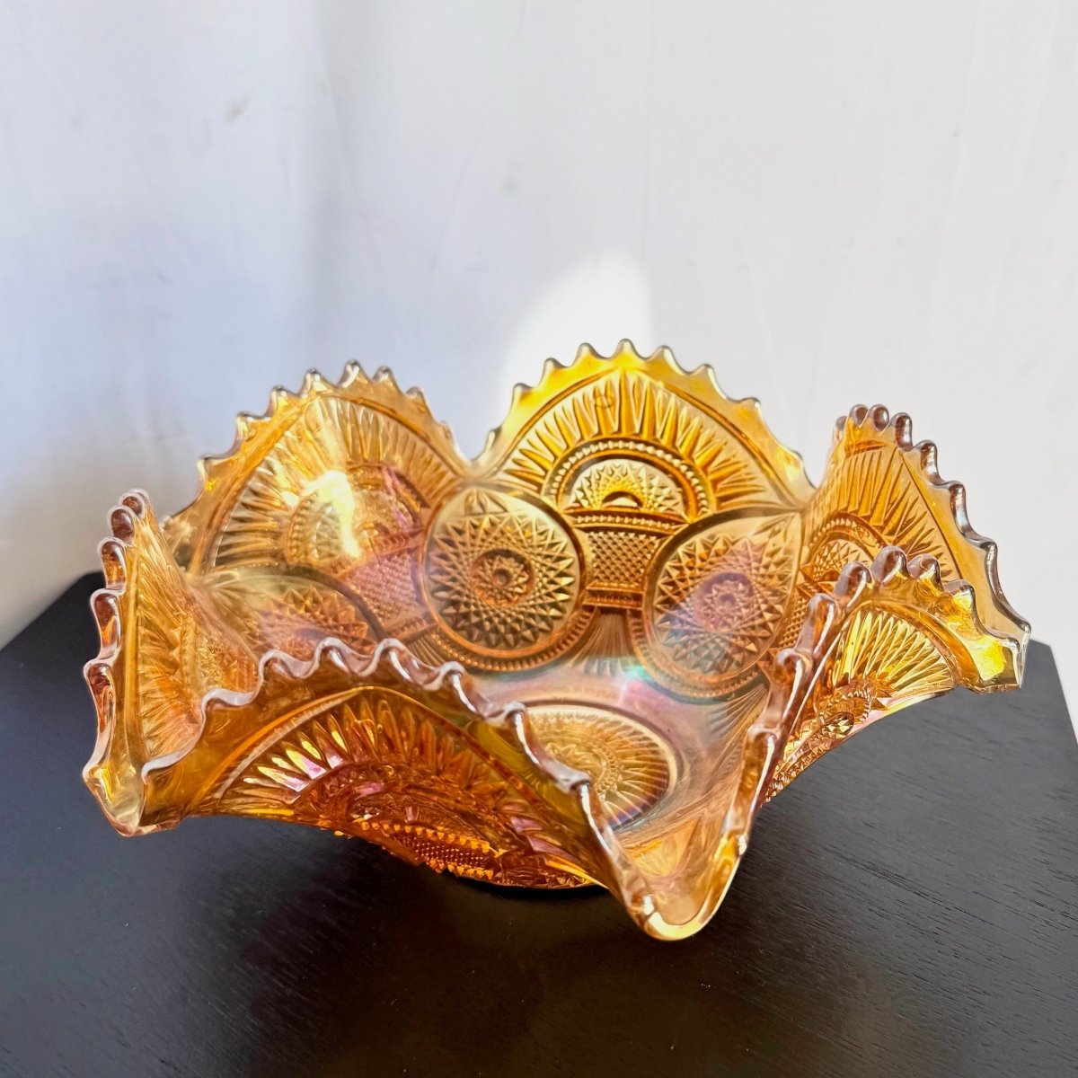 Vintage Marigold Carnival Glass Bowl - Dolphin & Flamingo